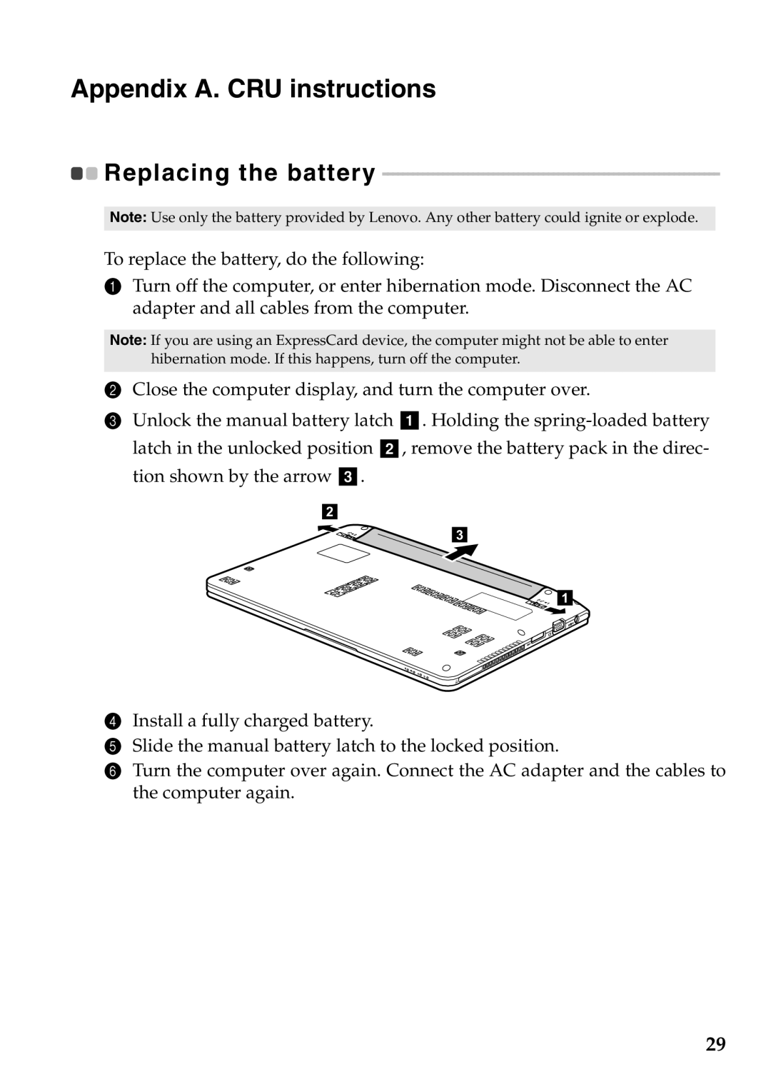 Lenovo S205 manual Appendix A. CRU instructions, Replacing the battery 