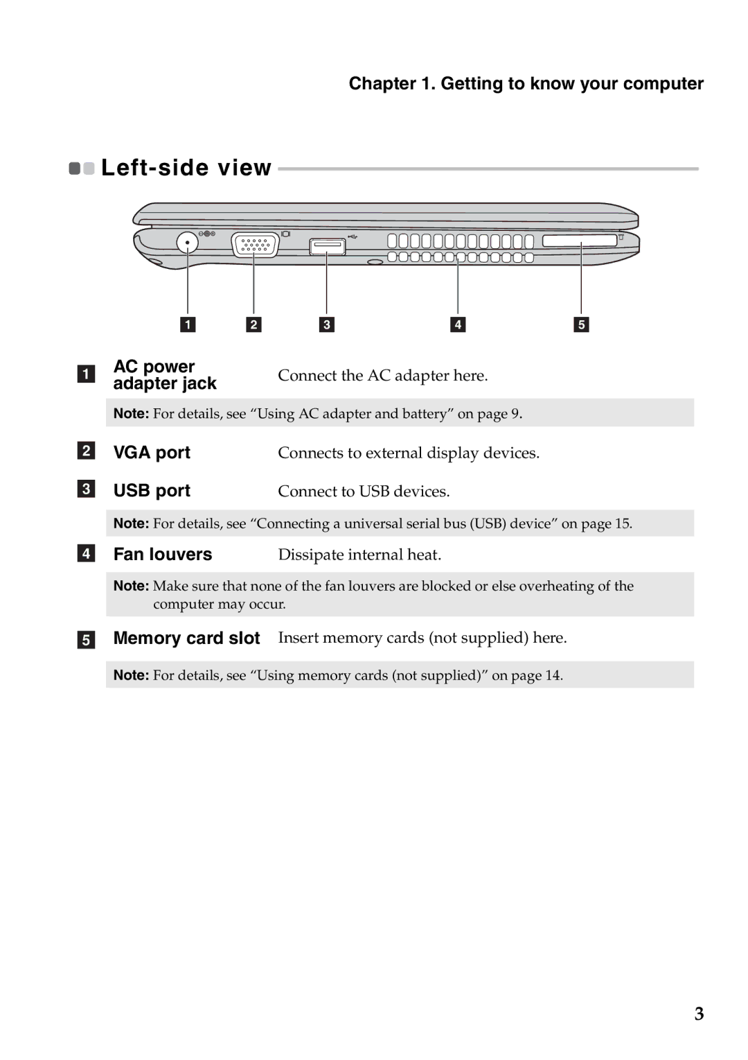 Lenovo S205 manual Left-side view, Adapter jack 