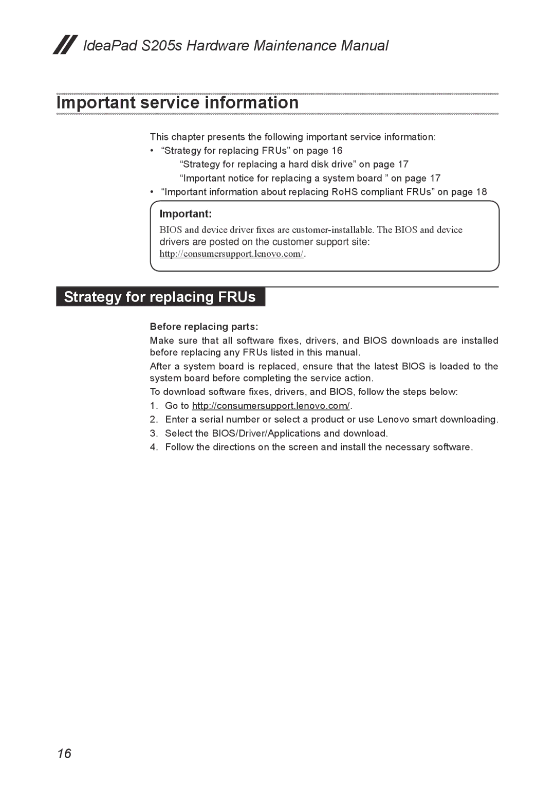 Lenovo S205S manual Important service information, Strategy for replacing FRUs 