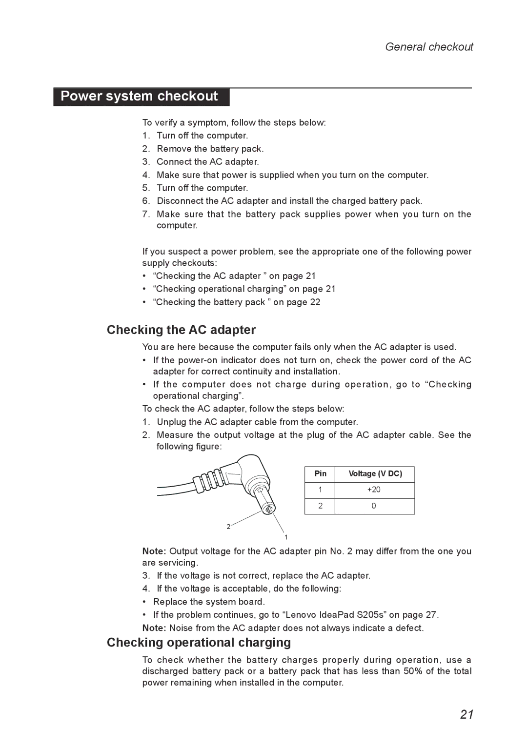 Lenovo S205S manual Power system checkout, Checking the AC adapter, Checking operational charging 