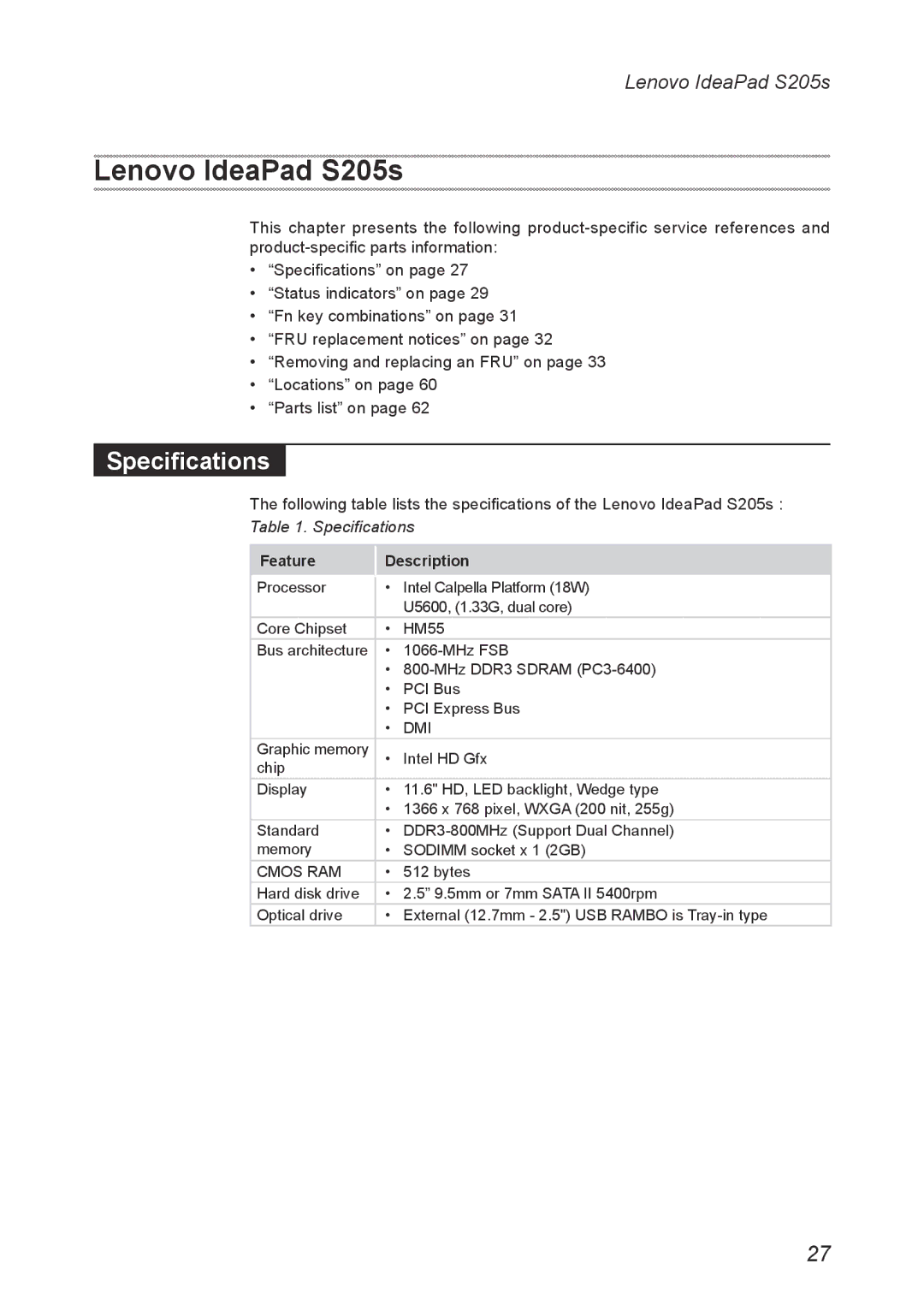 Lenovo S205S manual Specifications, Feature Description 