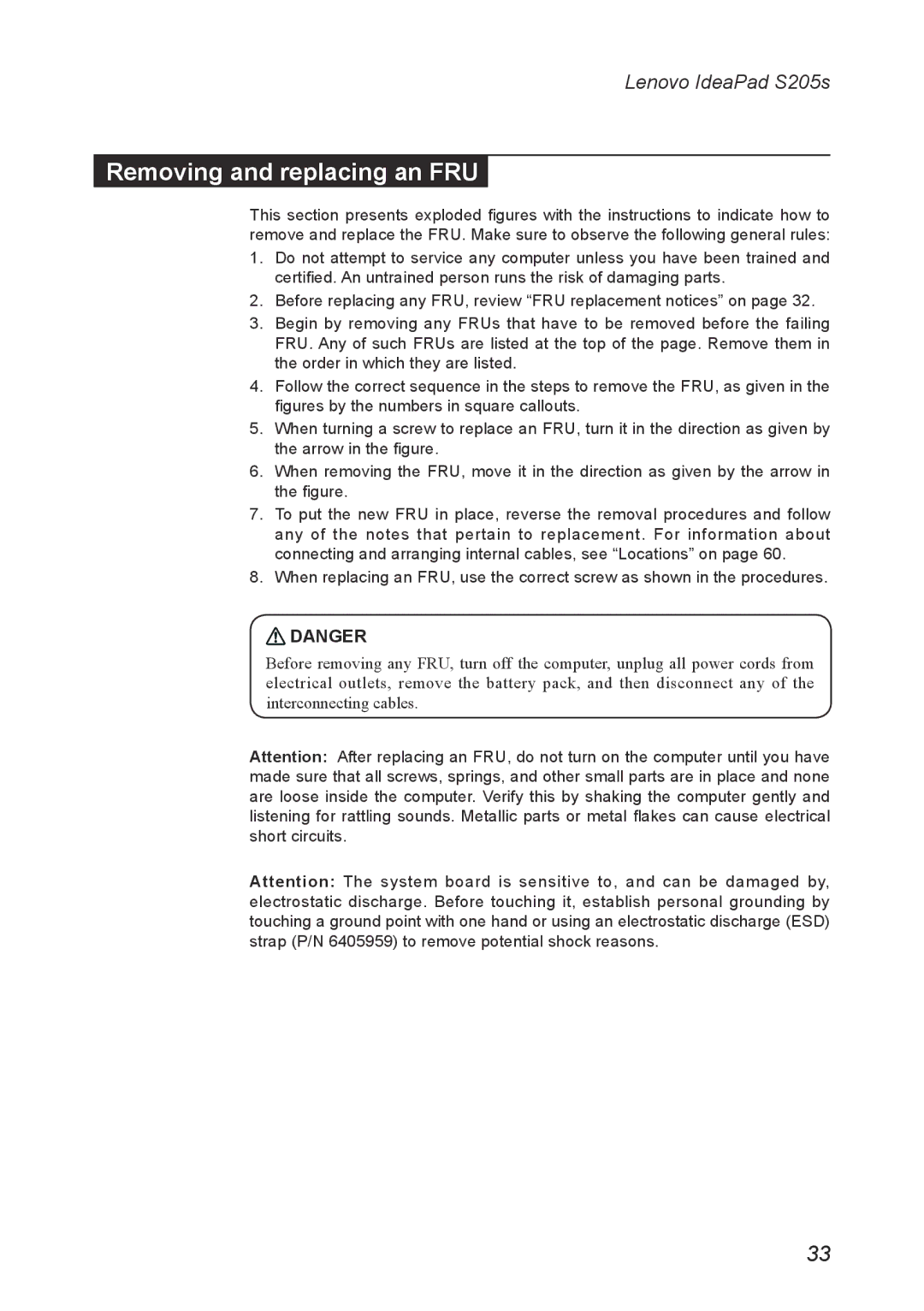 Lenovo S205S manual Removing and replacing an FRU 