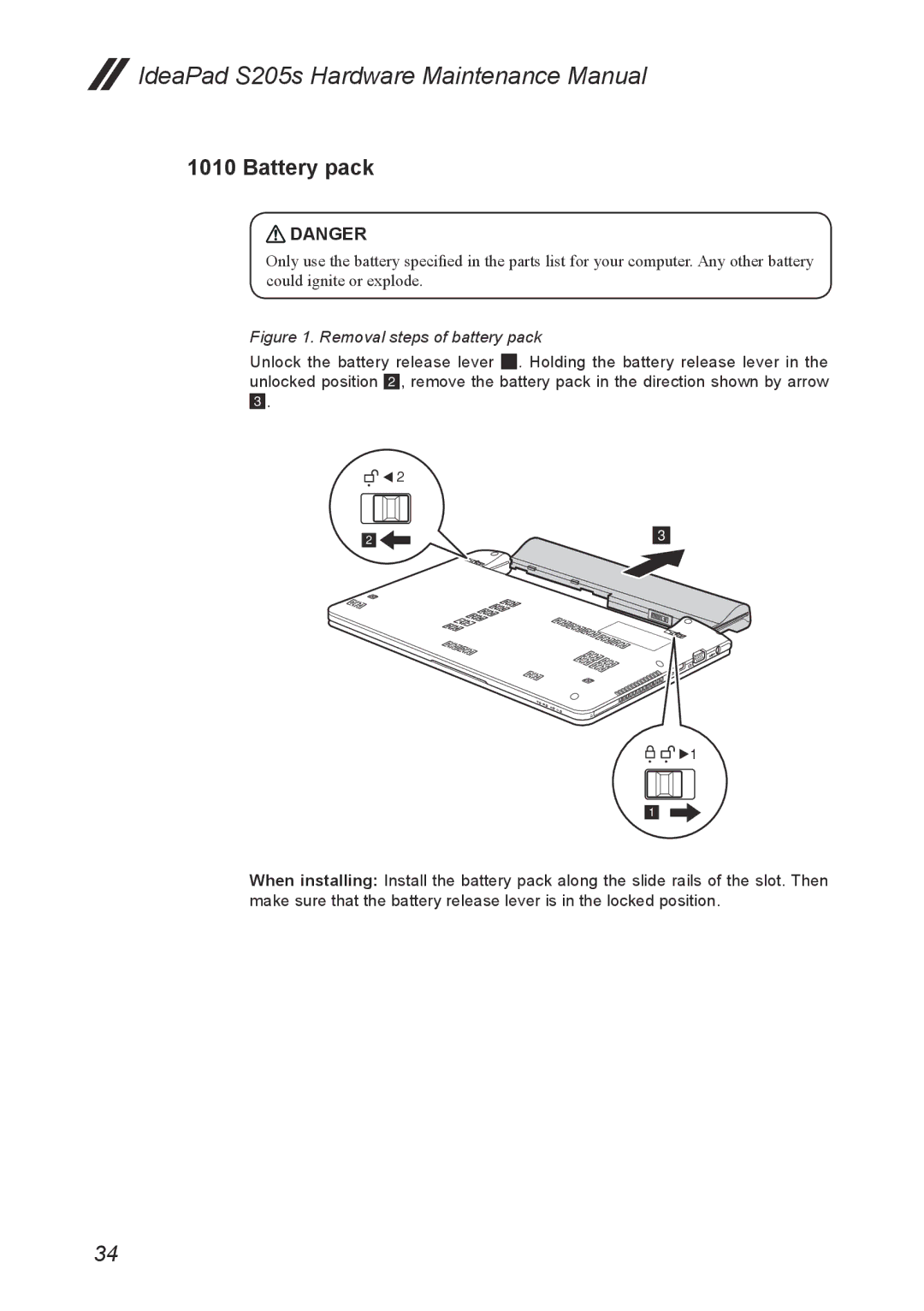 Lenovo S205S manual Battery pack, Removal steps of battery pack 