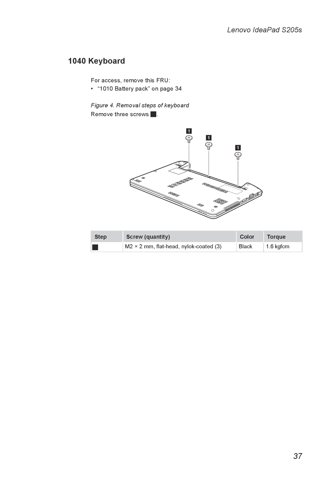 Lenovo S205S manual Keyboard, Step Screw quantity Color Torque 