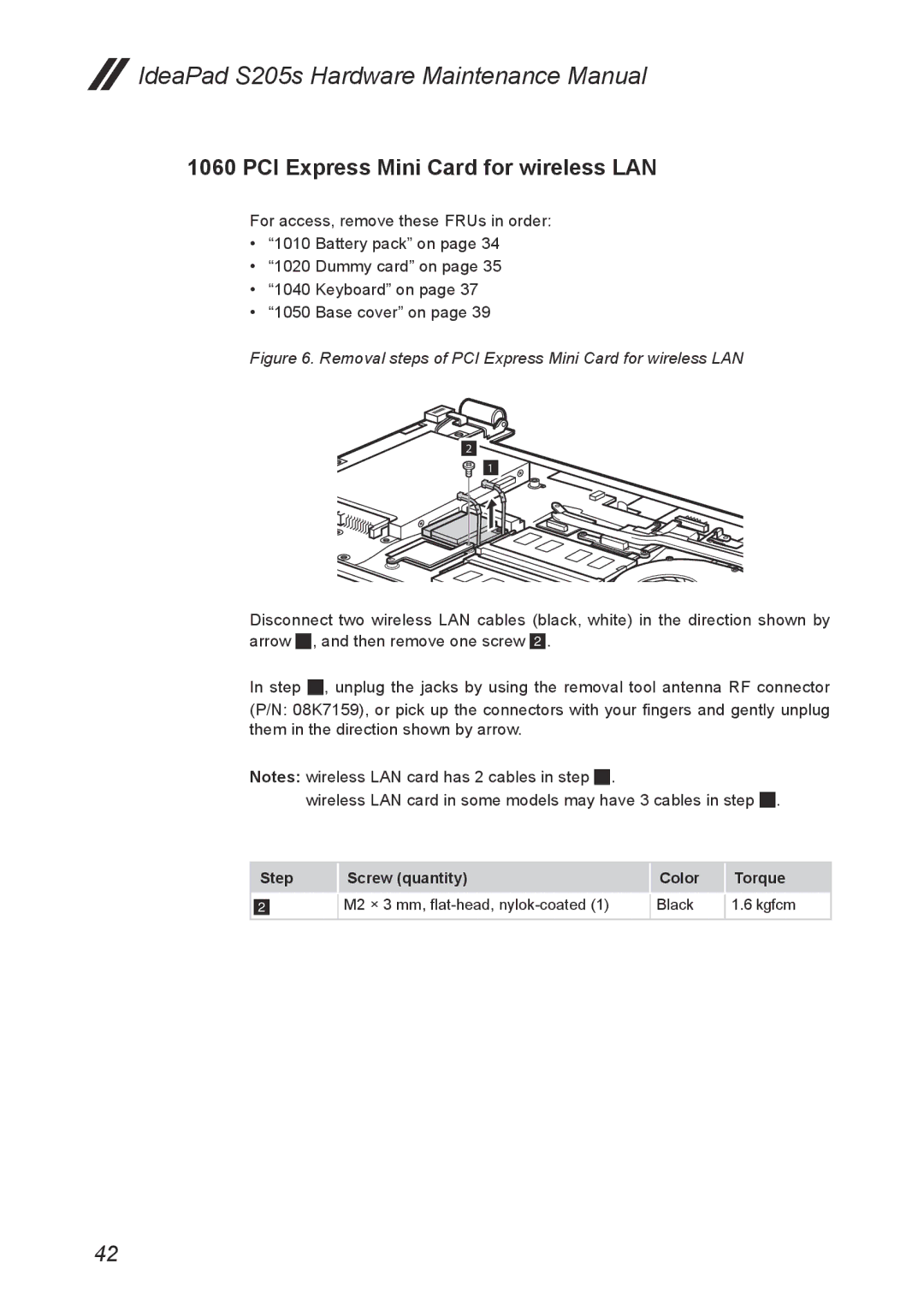 Lenovo S205S manual Removal steps of PCI Express Mini Card for wireless LAN 