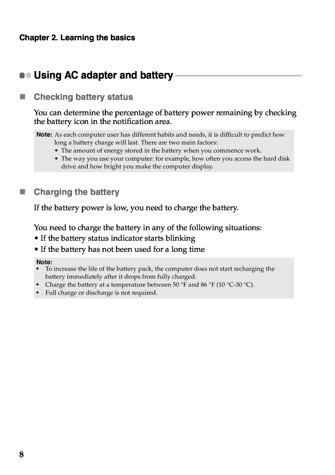 Lenovo S206, S200 „ Checking battery status, „ Charging the battery, Using AC adapter and battery, Learning the basics 