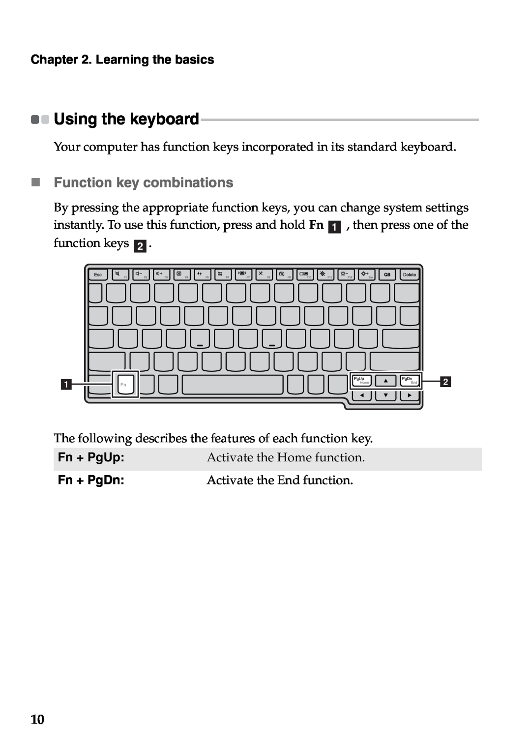 Lenovo S206, S200 manual „ Function key combinations, Using the keyboard, Fn + PgDn, Learning the basics 