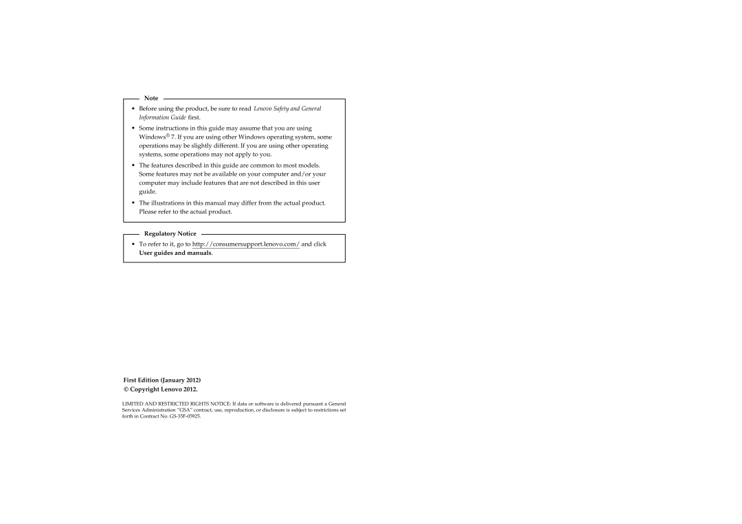 Lenovo S206, S200 manual Regulatory Notice, First Edition January Copyright Lenovo 