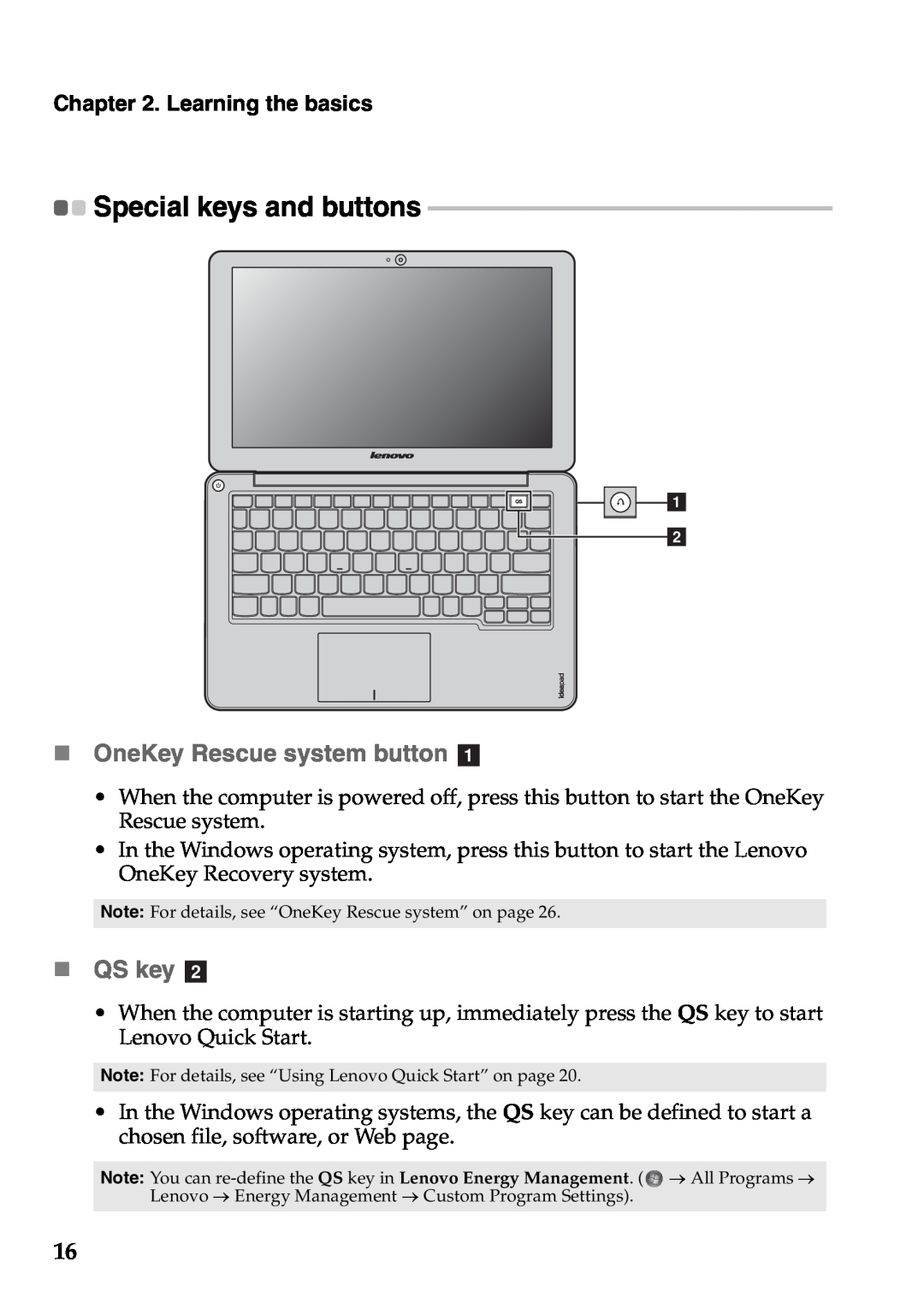 Lenovo S206, S200 manual „ OneKey Rescue system button a, „ QS key b, Special keys and buttons, Learning the basics 