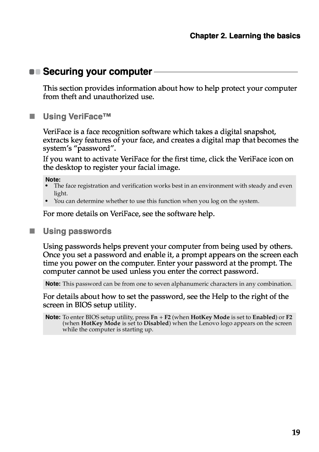Lenovo S200, S206 manual „ Using VeriFace, „ Using passwords, Securing your computer, Learning the basics 