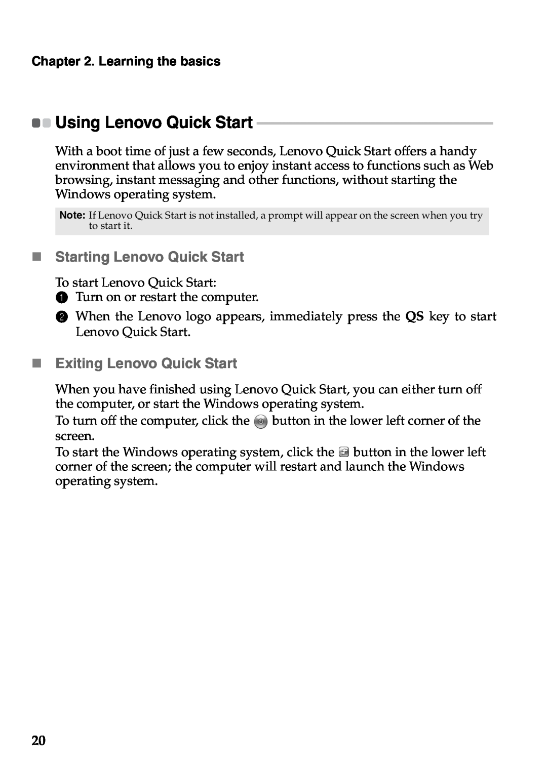 Lenovo S206 „ Starting Lenovo Quick Start, „ Exiting Lenovo Quick Start, Using Lenovo Quick Start, Learning the basics 