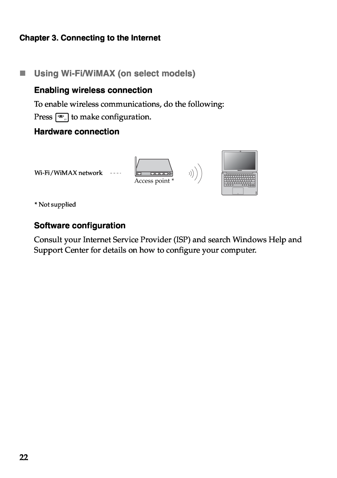 Lenovo S206 „ Using Wi-Fi/WiMAX on select models Enabling wireless connection, Hardware connection, Software configuration 