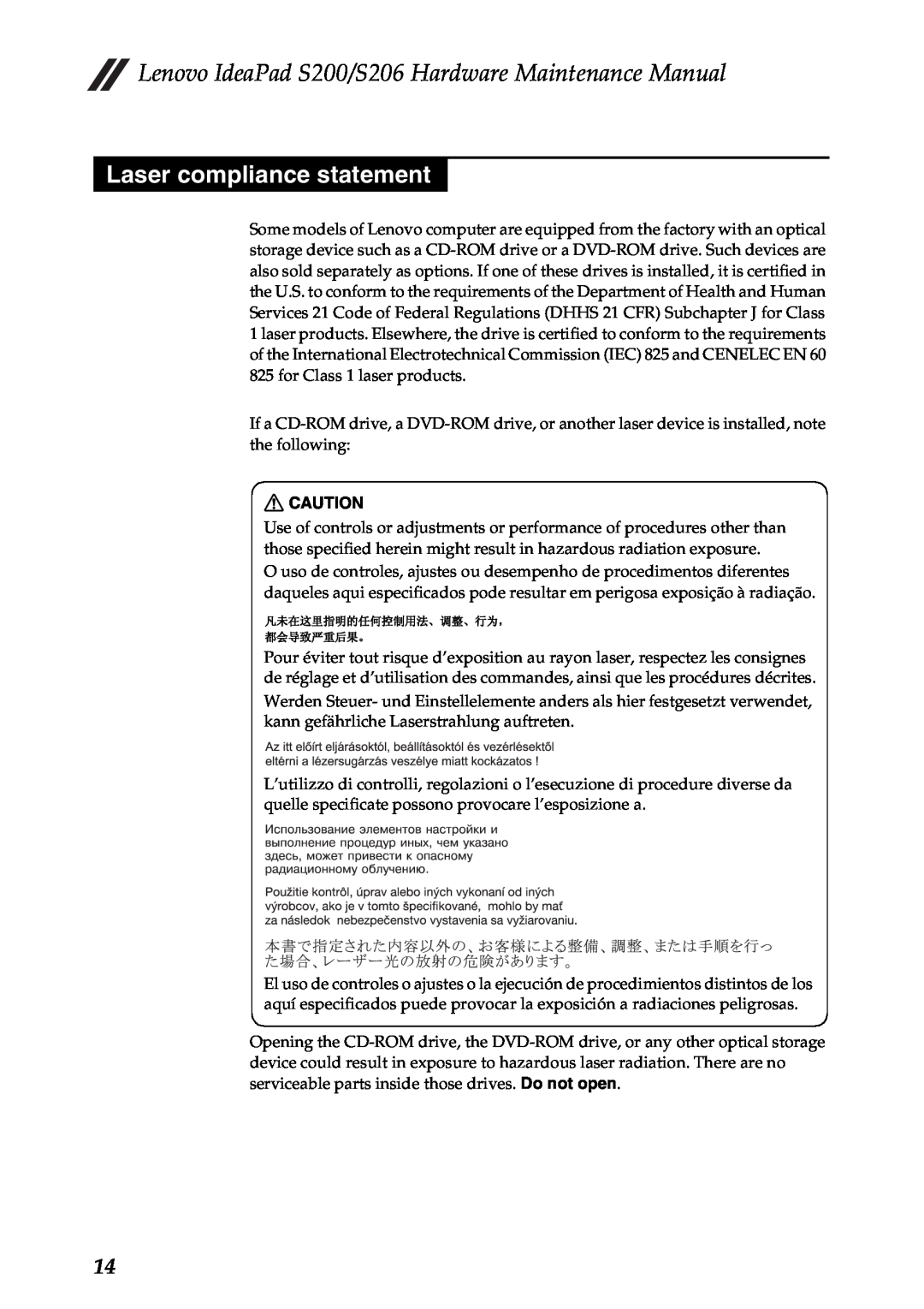 Lenovo S206, S200 manual Laser compliance statement 