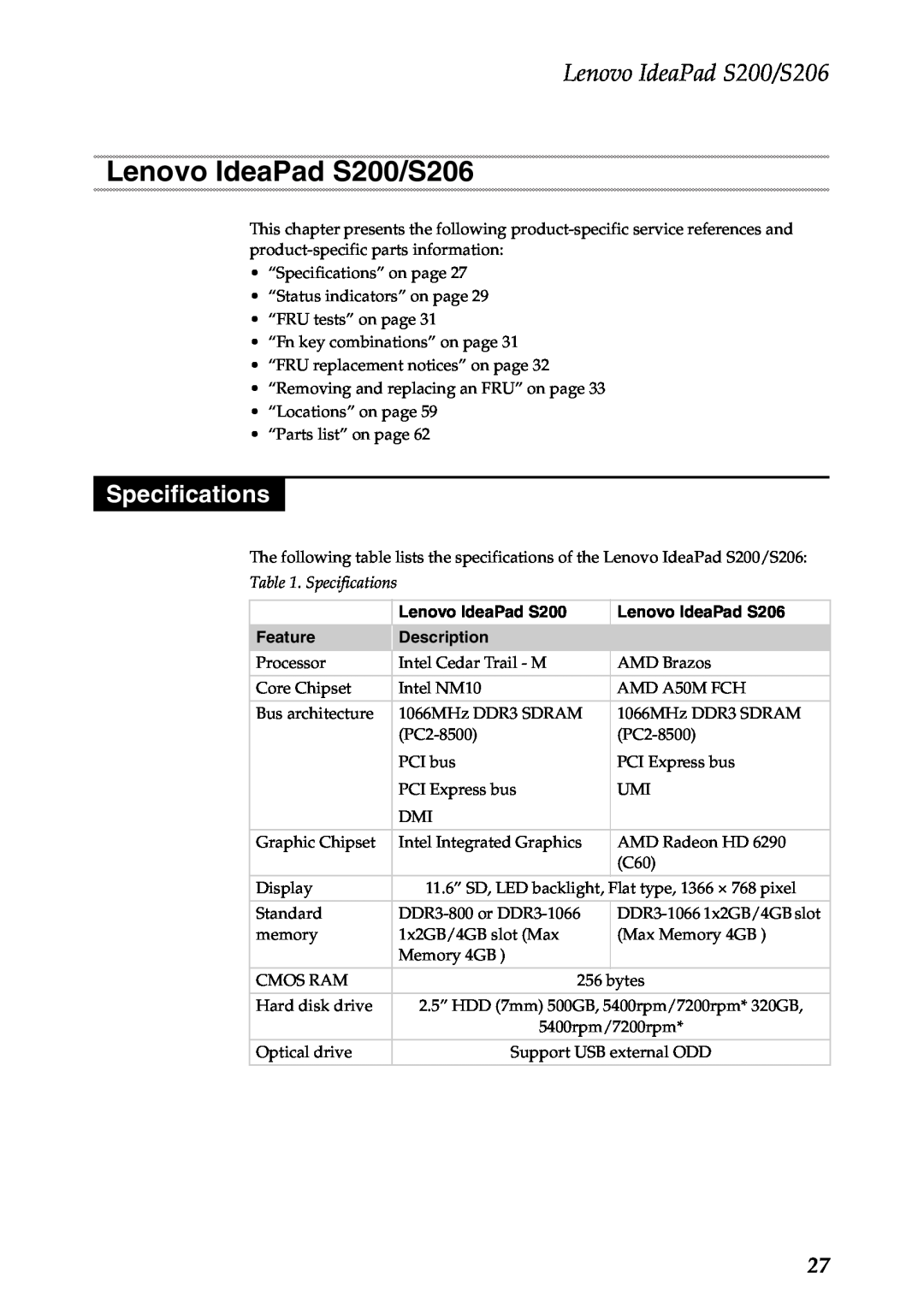 Lenovo manual Lenovo IdeaPad S200/S206, Specifications 