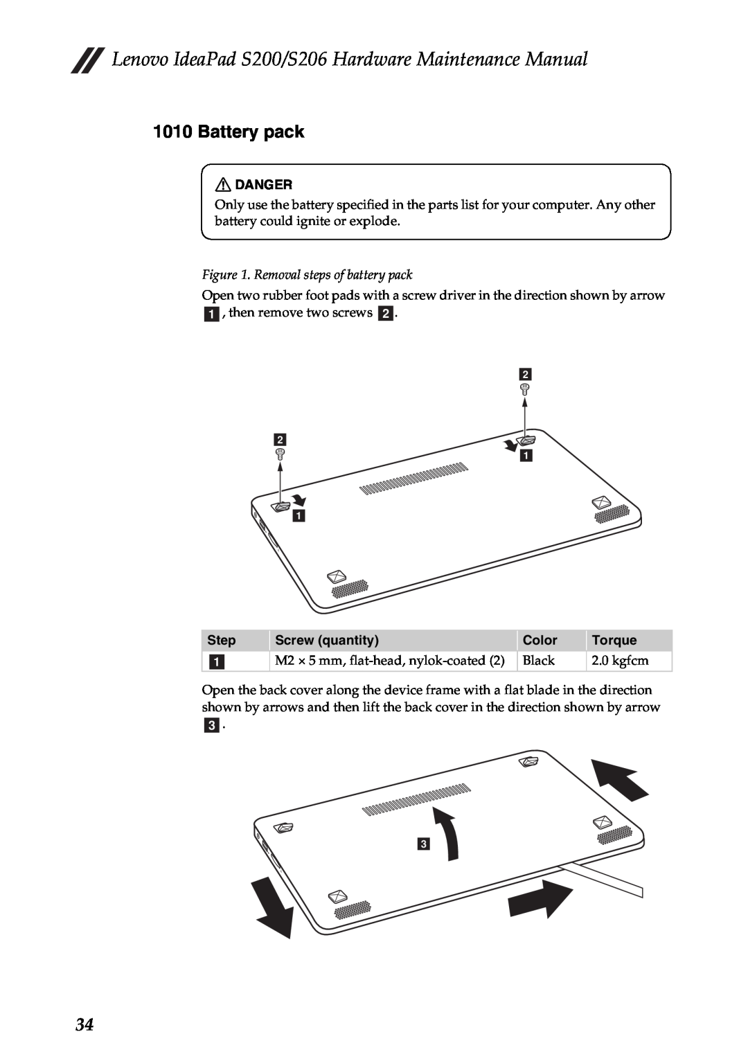 Lenovo S206, S200 manual Battery pack, Removal steps of battery pack 