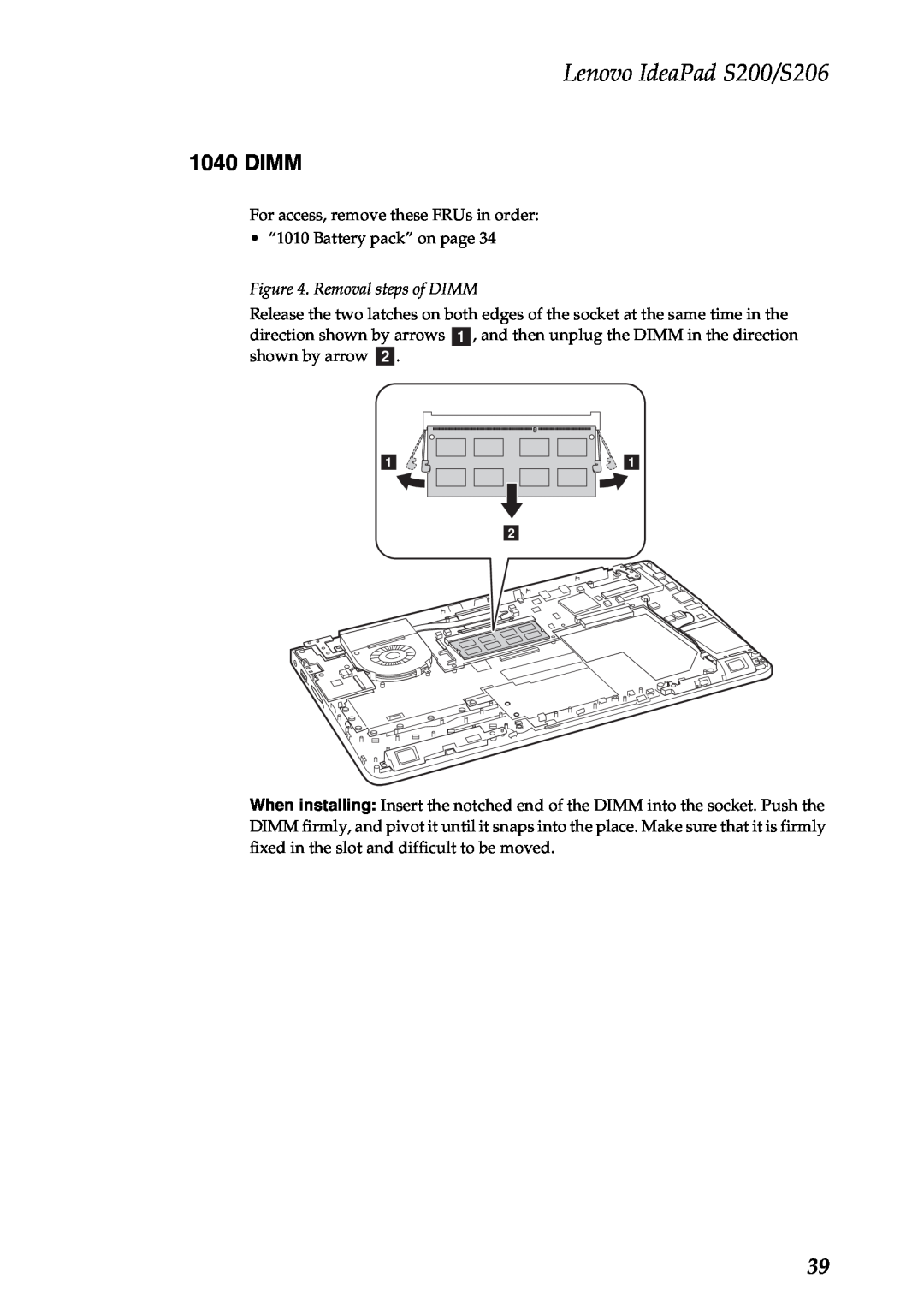 Lenovo manual Dimm, Removal steps of DIMM, Lenovo IdeaPad S200/S206 