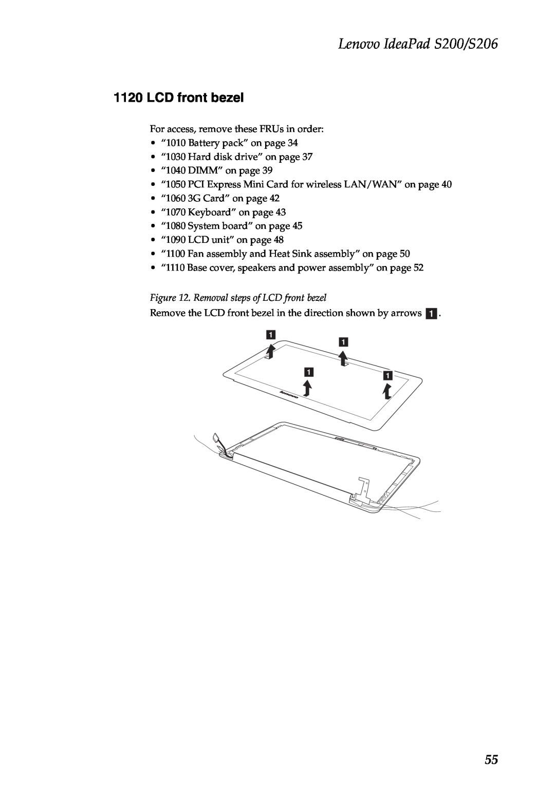 Lenovo manual Removal steps of LCD front bezel, Lenovo IdeaPad S200/S206 