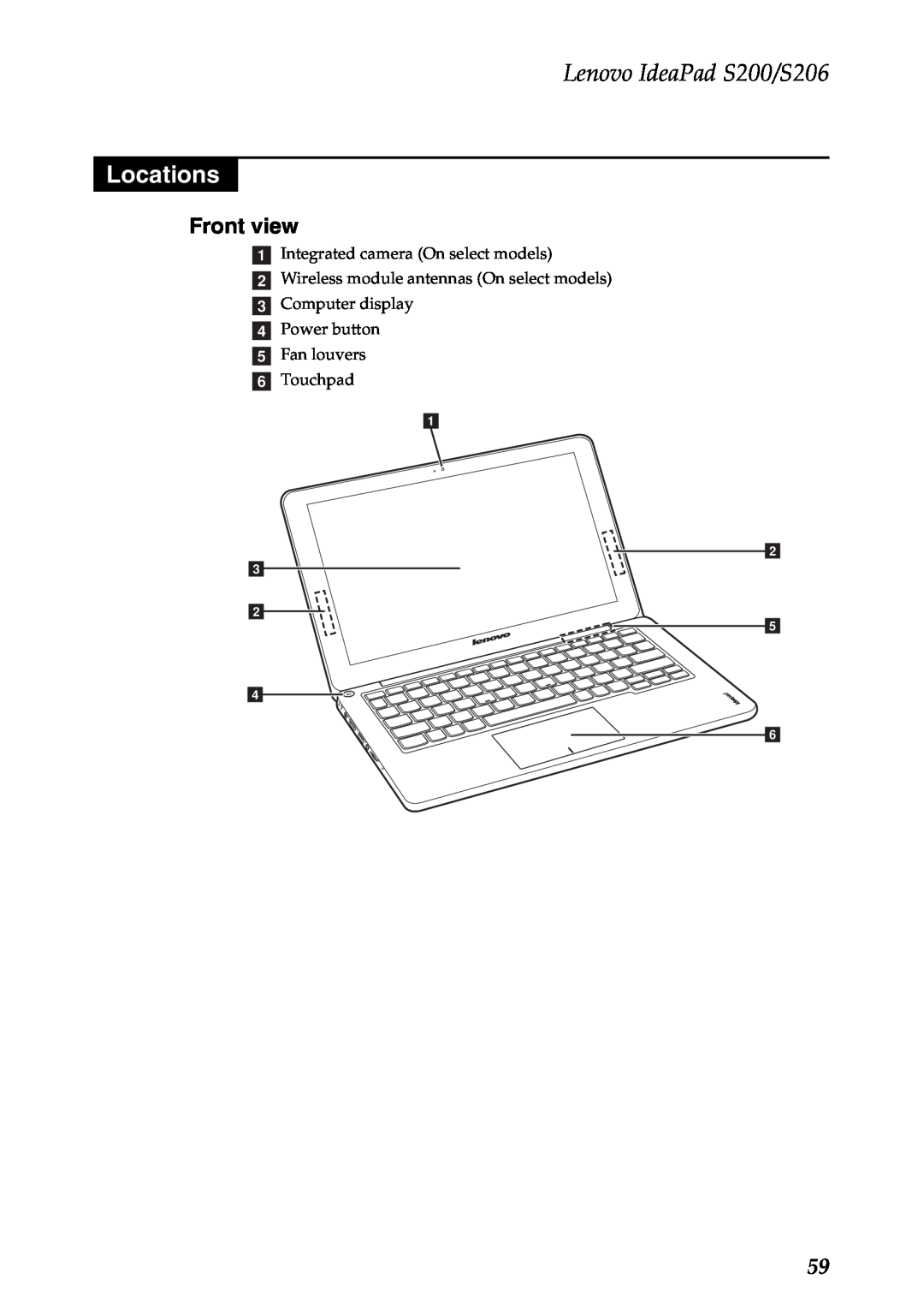 Lenovo manual Locations, Front view, Lenovo IdeaPad S200/S206, a b c b e d f 