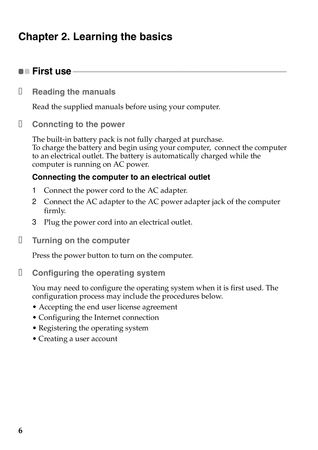 Lenovo S206, S200 Learning the basics, „ Reading the manuals, „ Conncting to the power, „ Turning on the computer 