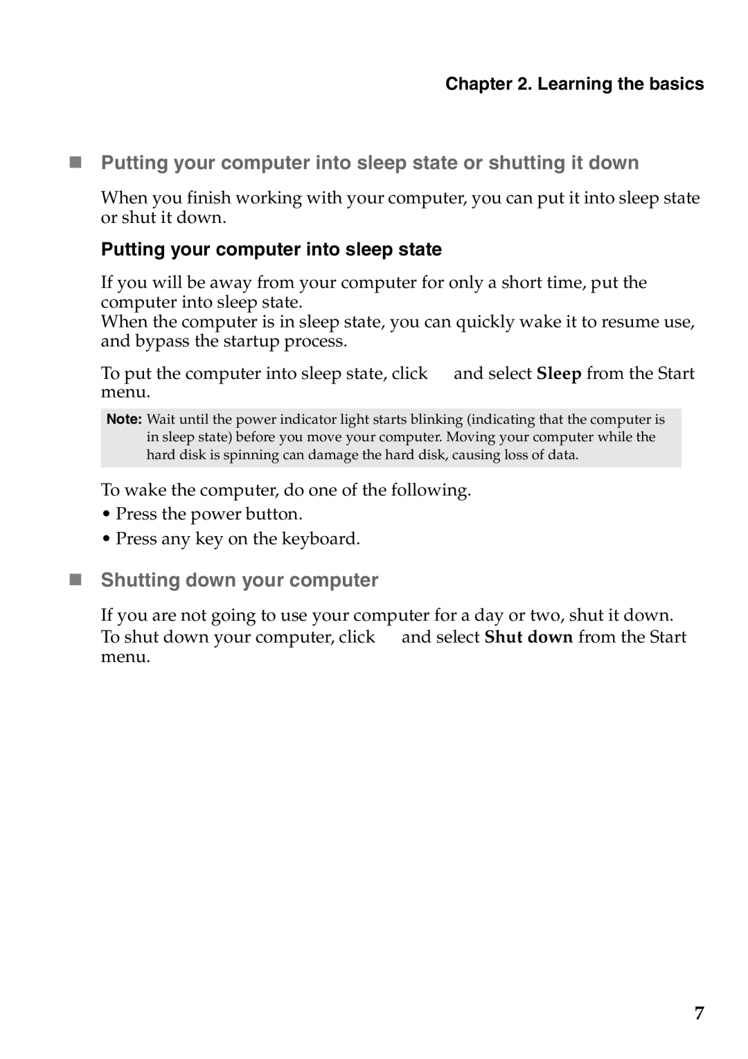 Lenovo S200, S206 manual „ Shutting down your computer, Putting your computer into sleep state, Learning the basics 