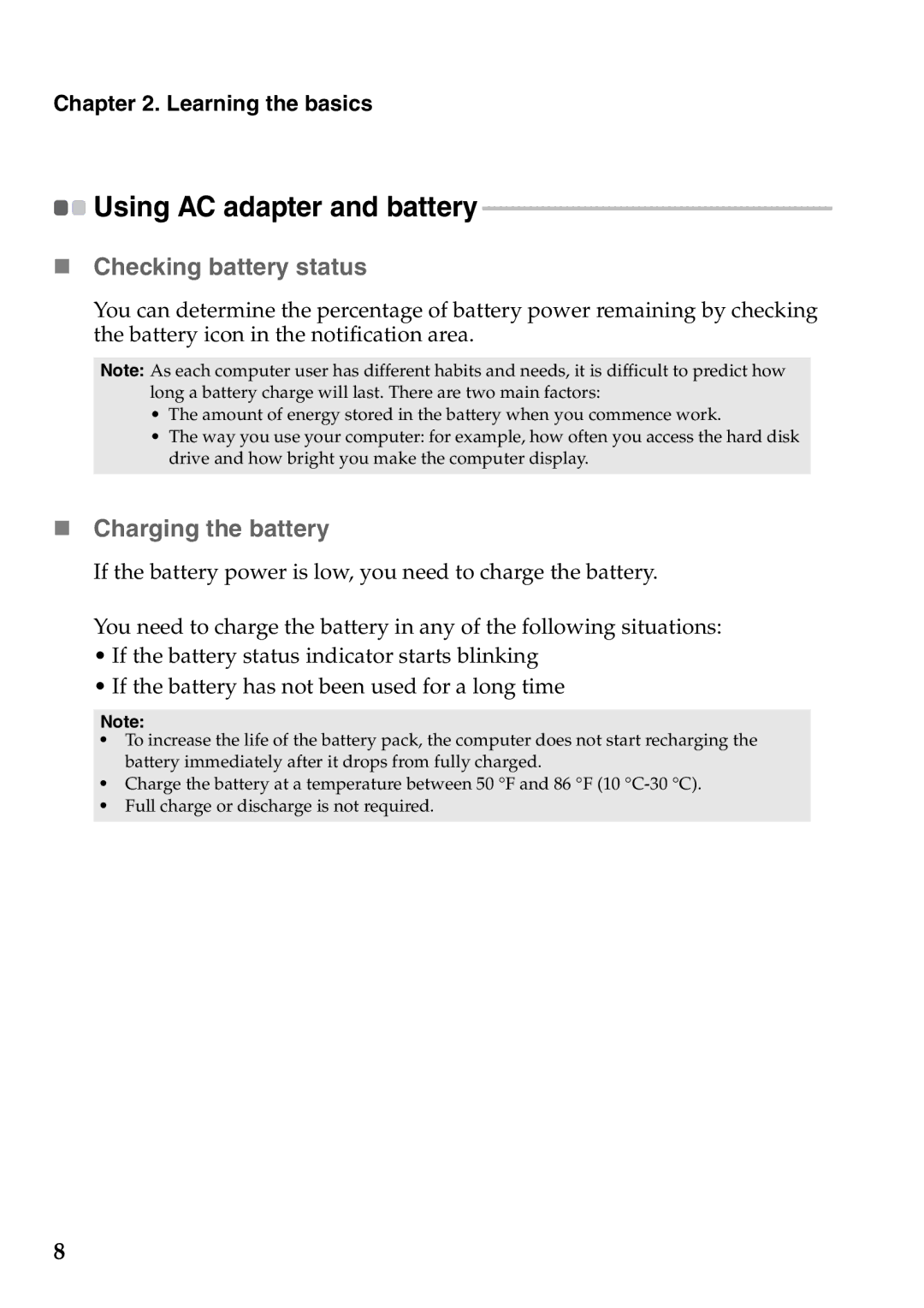 Lenovo S206, S200 manual „ Checking battery status, „ Charging the battery 