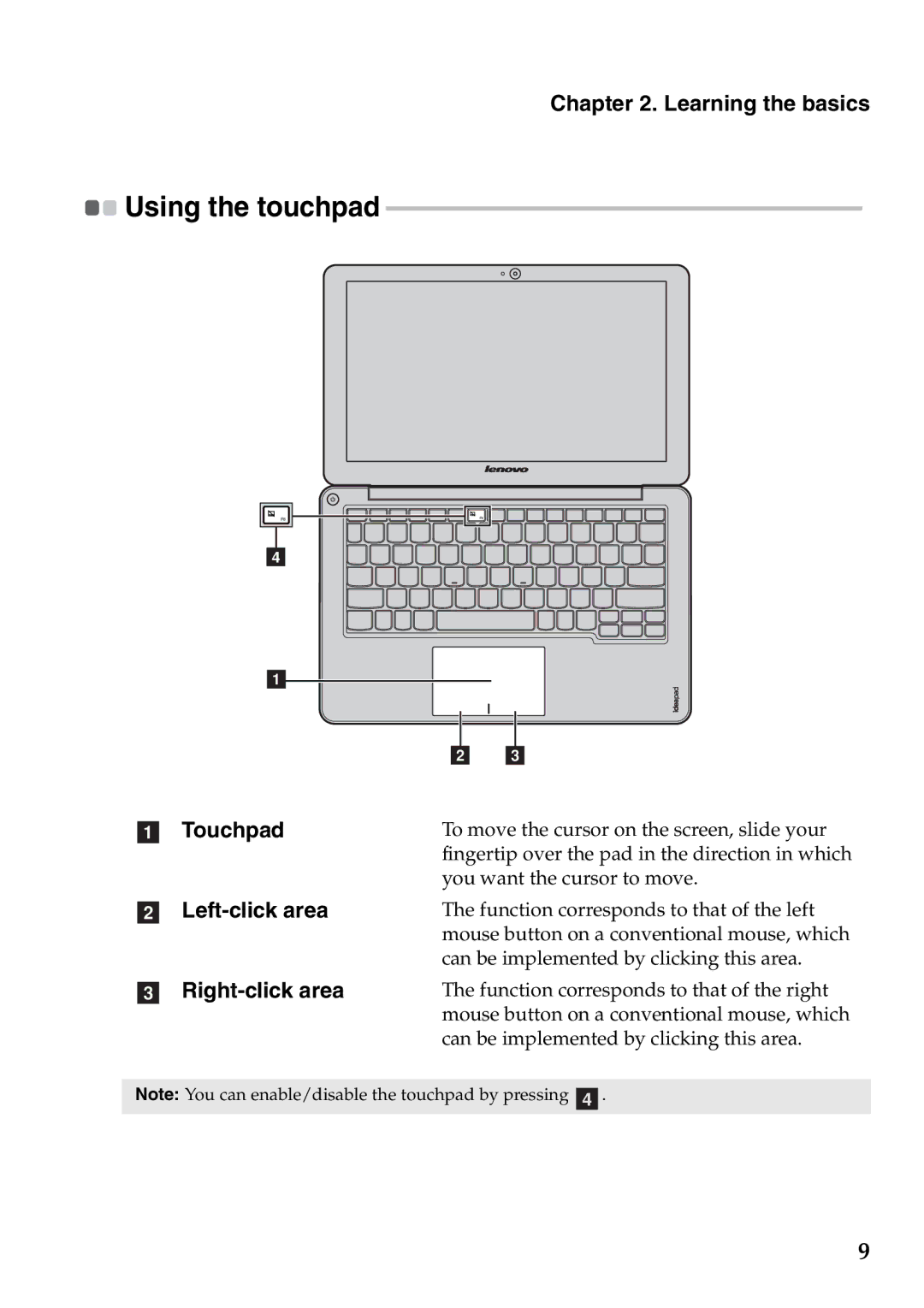 Lenovo S200, S206 manual Using the touchpad, Left-click area, Right-click area 