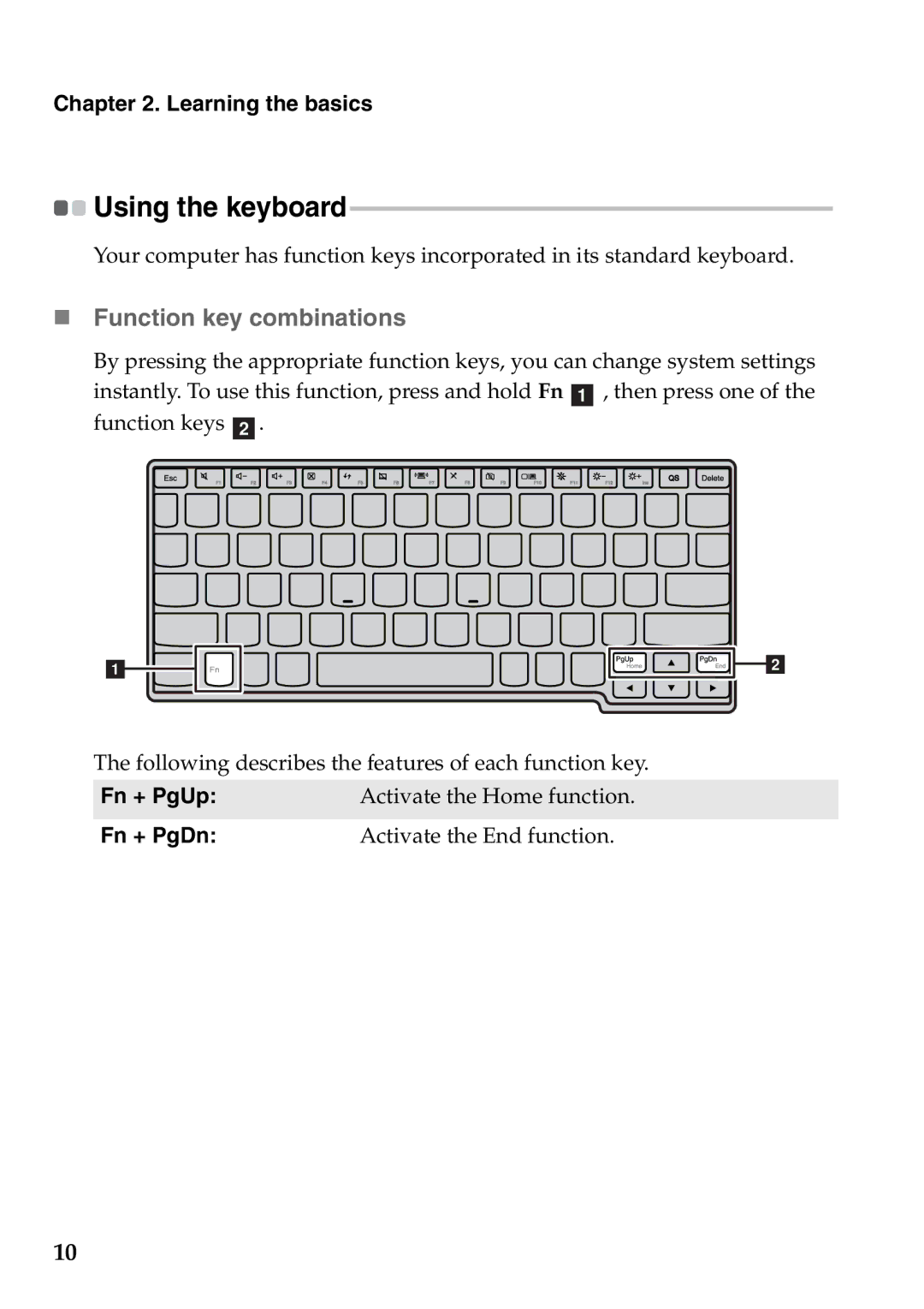 Lenovo S206, S200 manual „ Function key combinations, Using the keyboard, Fn + PgDn 