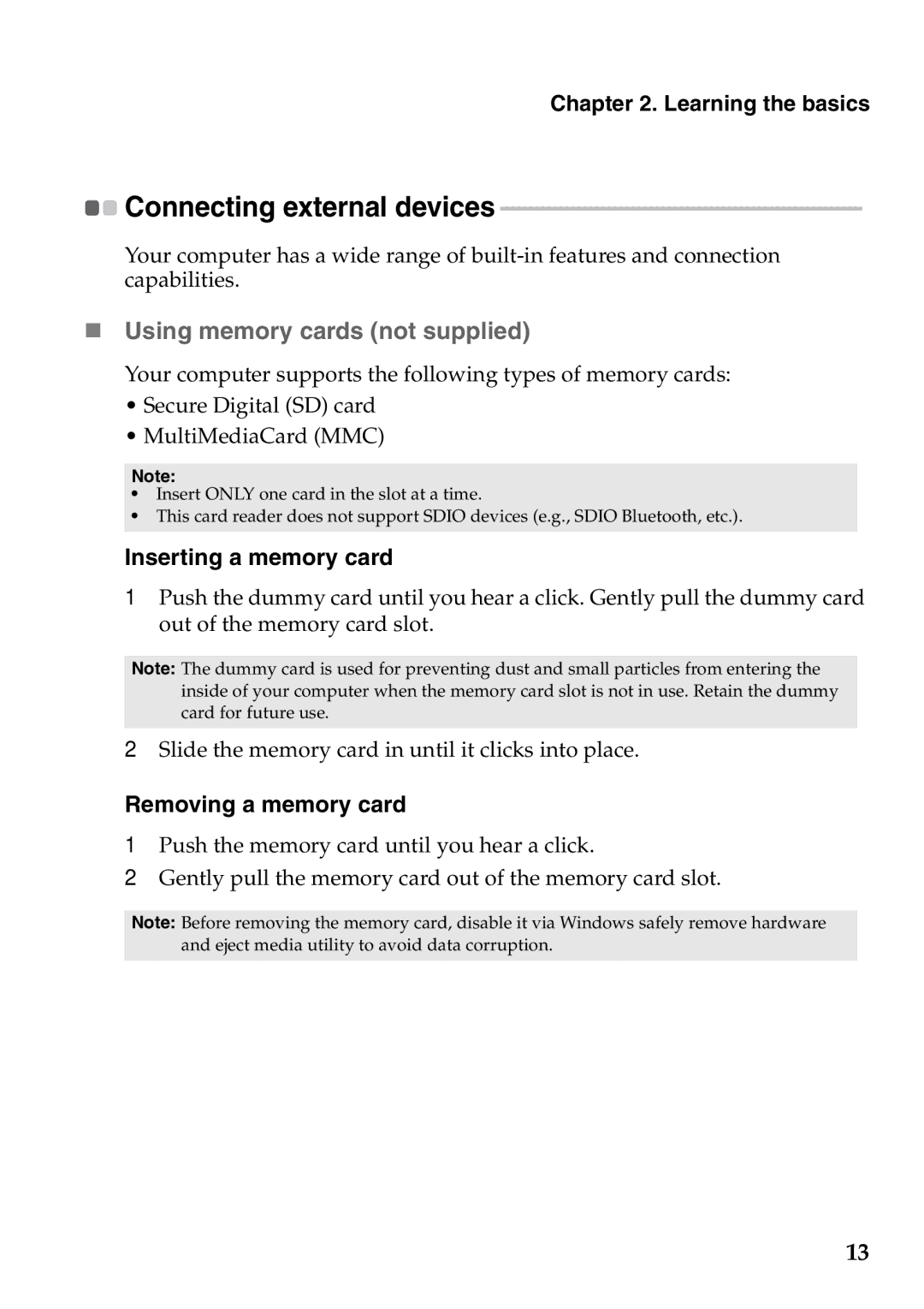 Lenovo S200, S206 manual „ Using memory cards not supplied, Inserting a memory card, Removing a memory card 