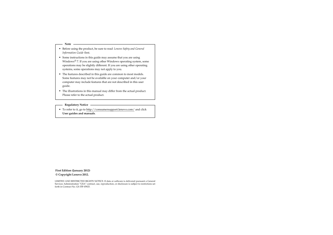 Lenovo S206, S200 manual Regulatory Notice First Edition January Copyright Lenovo 