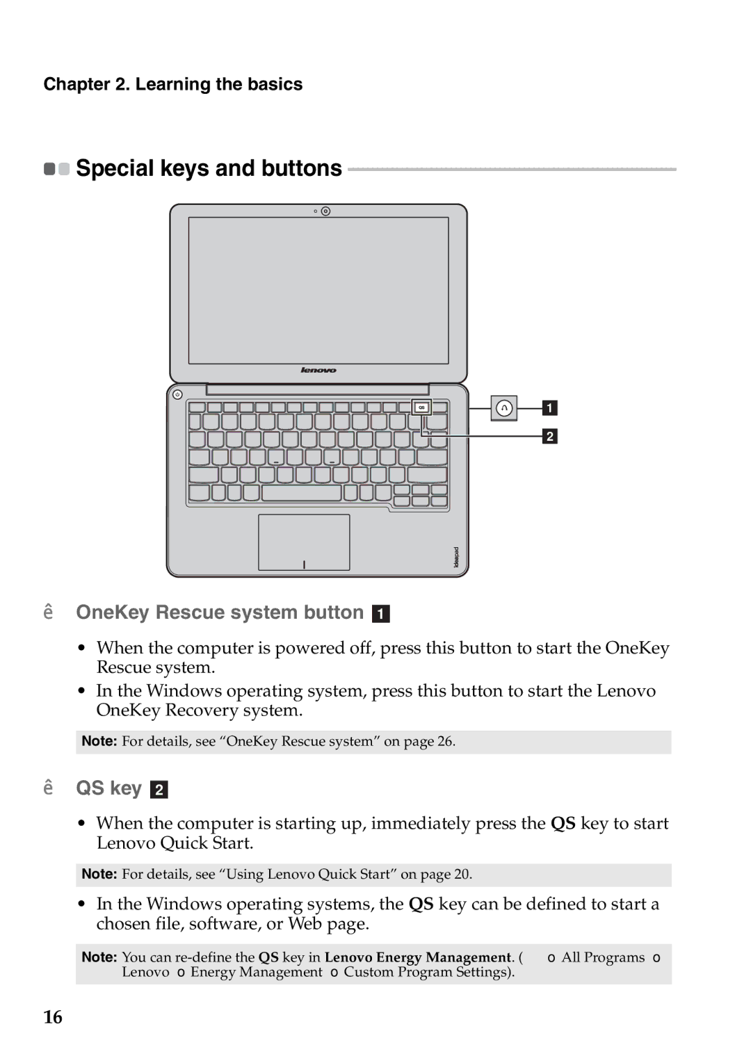 Lenovo S206, S200 manual „ OneKey Rescue system button a, „ QS key b, Special keys and buttons 