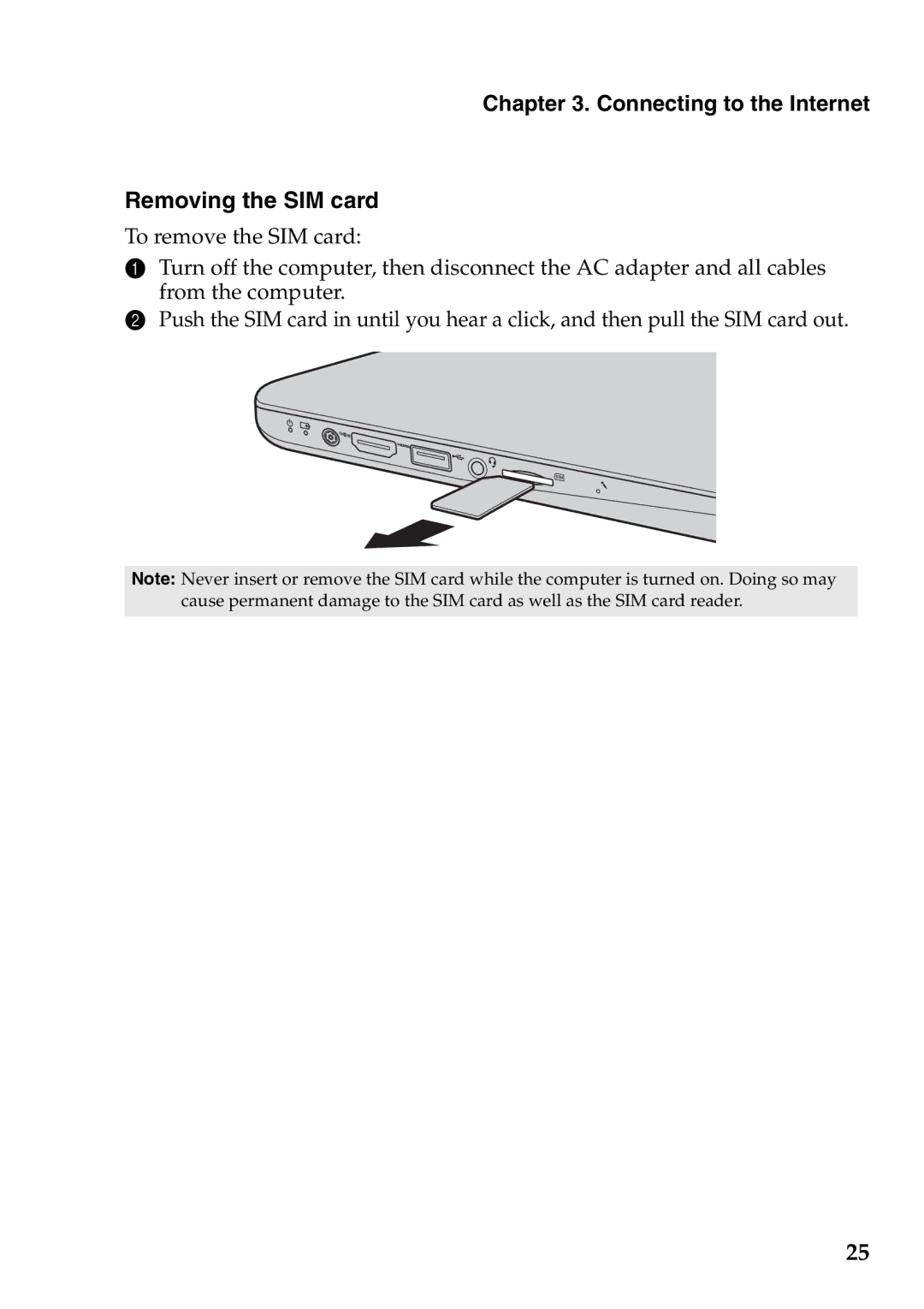 Lenovo S200, S206 manual Removing the SIM card 