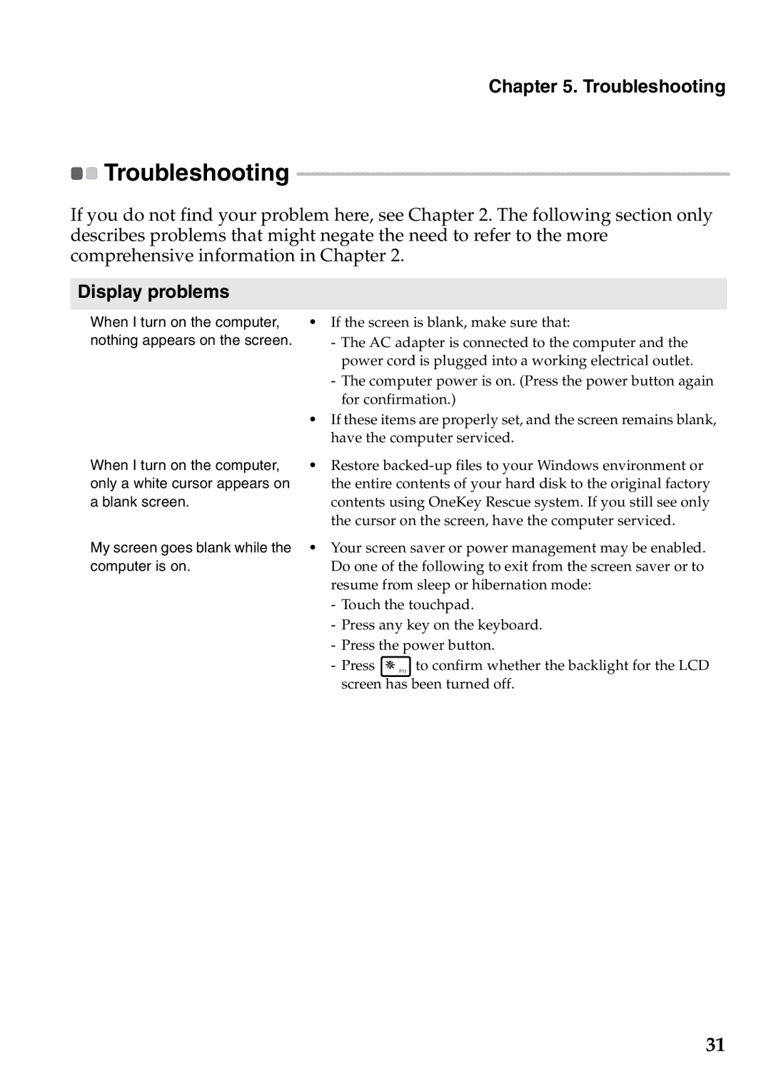 Lenovo S200, S206 manual Troubleshooting, Display problems 