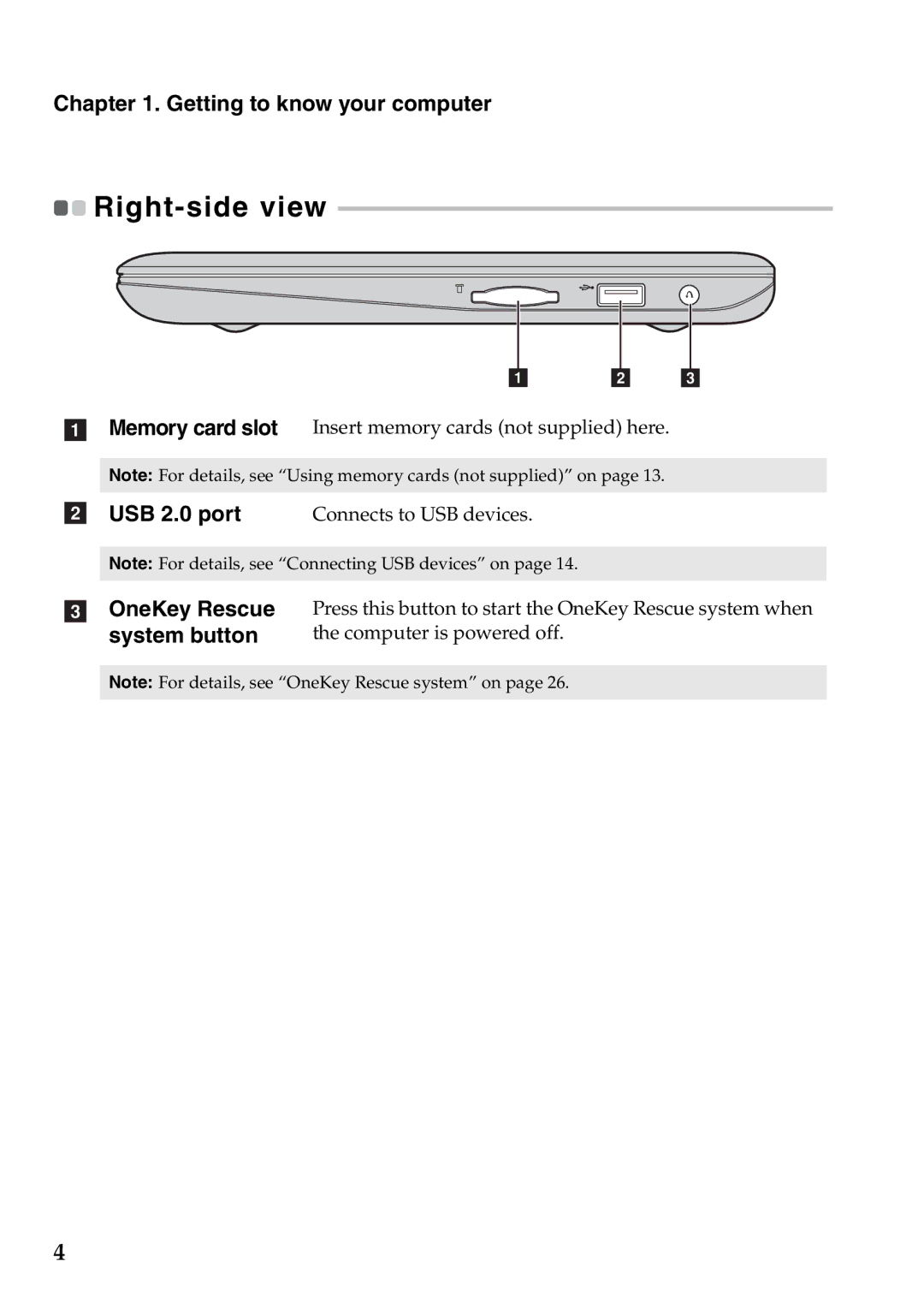 Lenovo S206, S200 manual Right-side view, USB 2.0 port, System button 