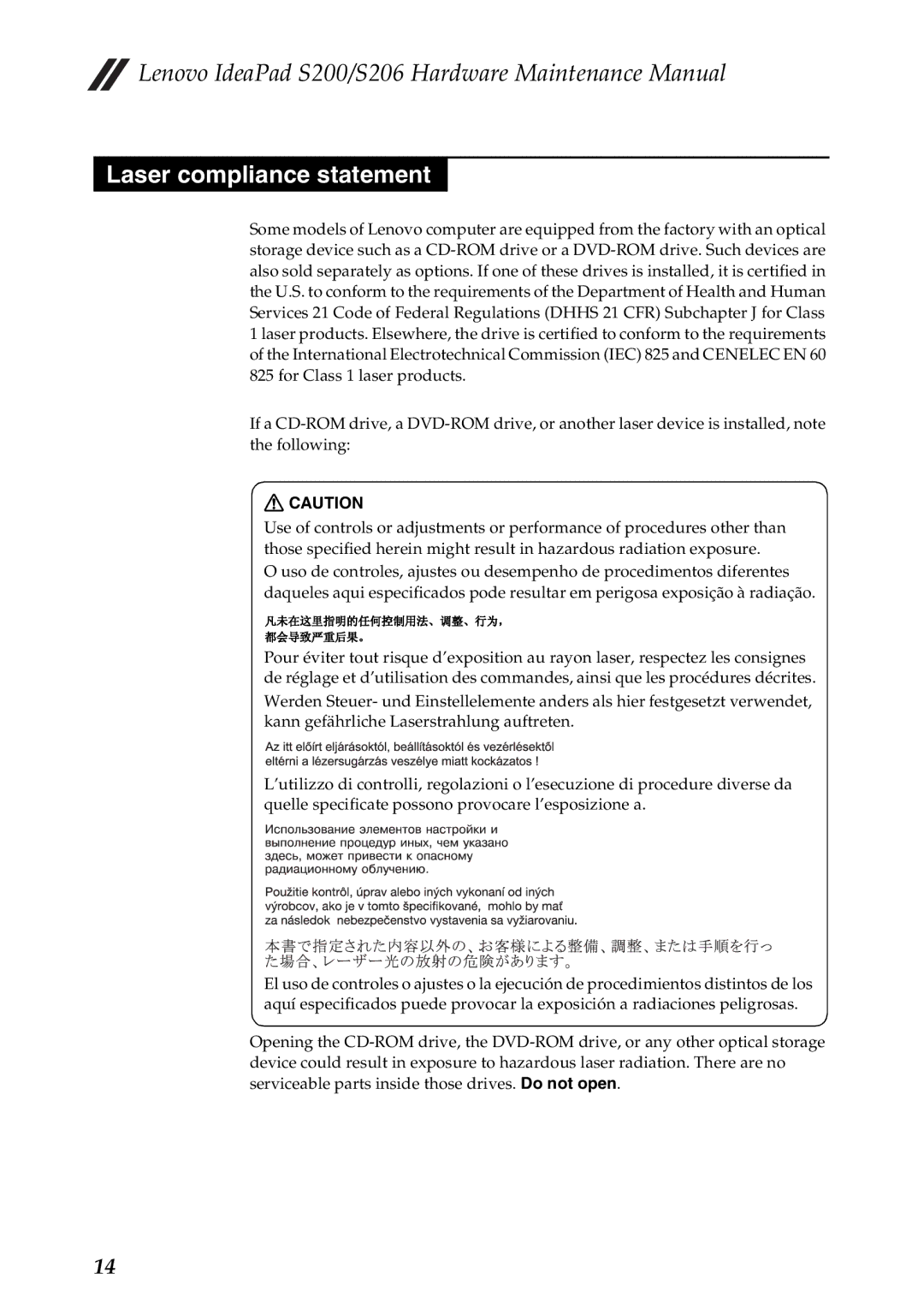 Lenovo S206, S200 manual Laser compliance statement 