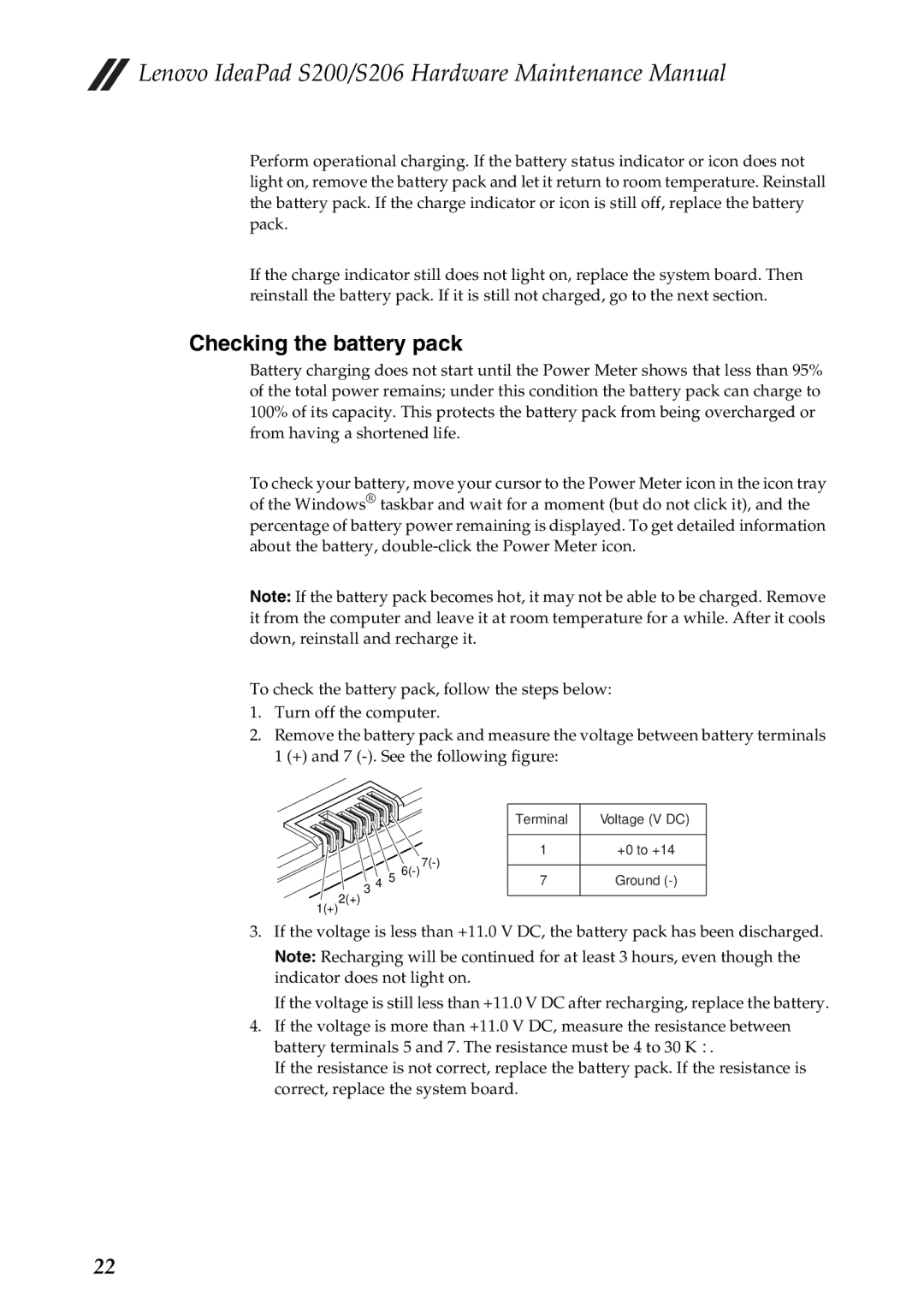 Lenovo S206, S200 manual Checking the battery pack 