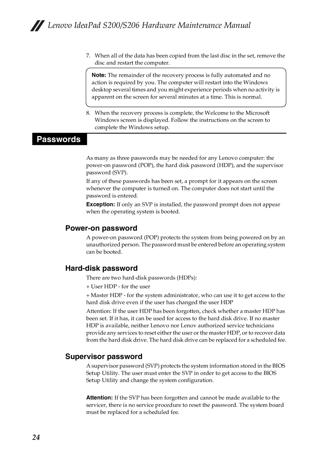 Lenovo S206, S200 manual Passwords, Power-on password, Hard-disk password, Supervisor password 