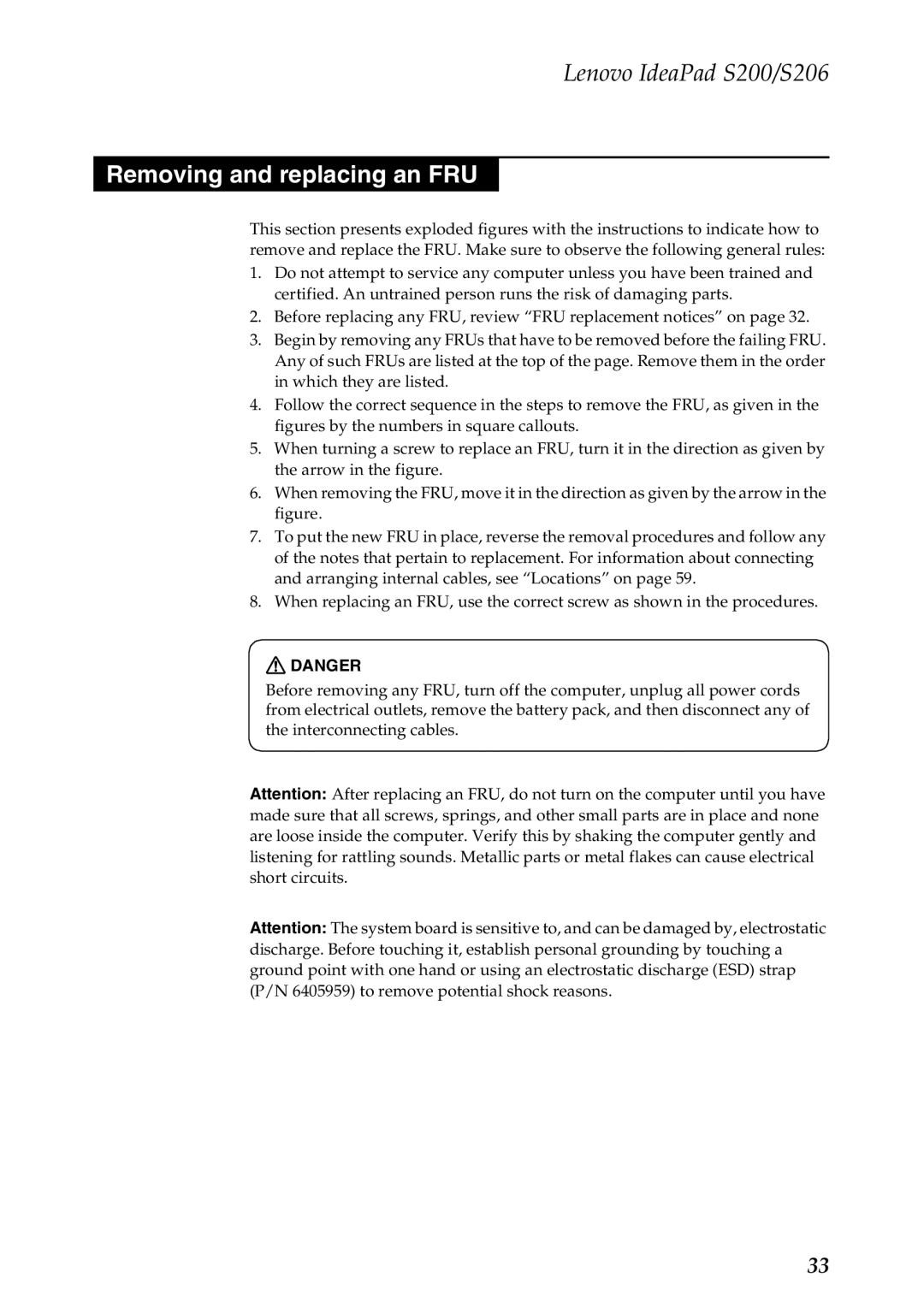 Lenovo S200, S206 manual Removing and replacing an FRU 