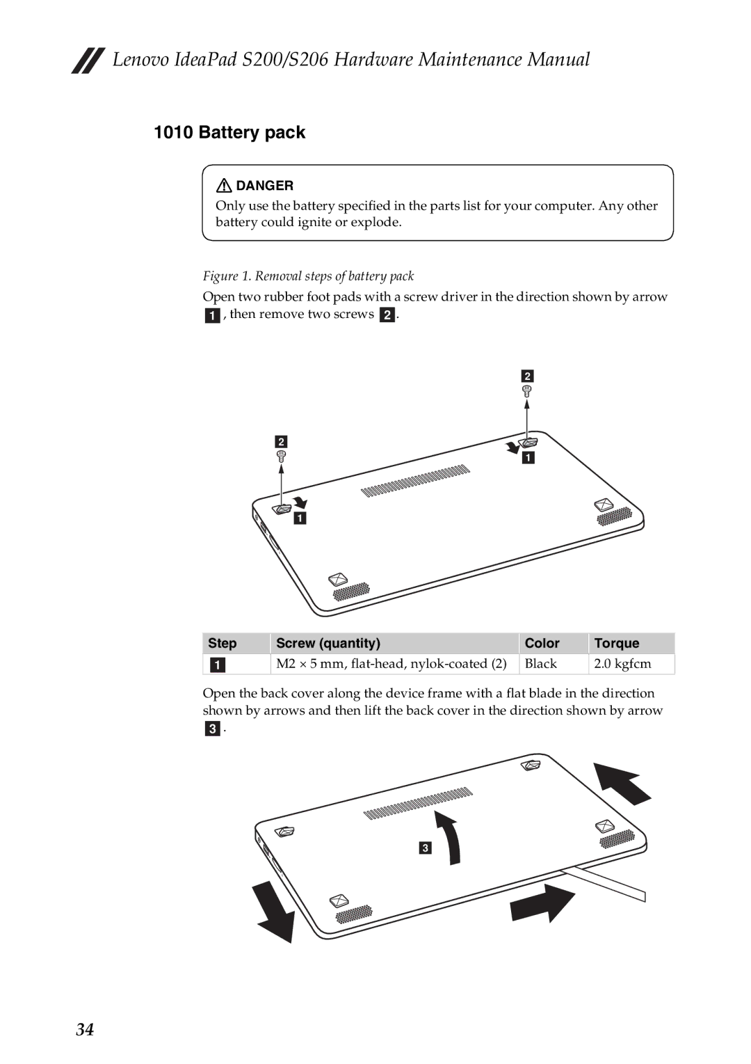 Lenovo S206, S200 manual Battery pack, Step Screw quantity Color Torque 