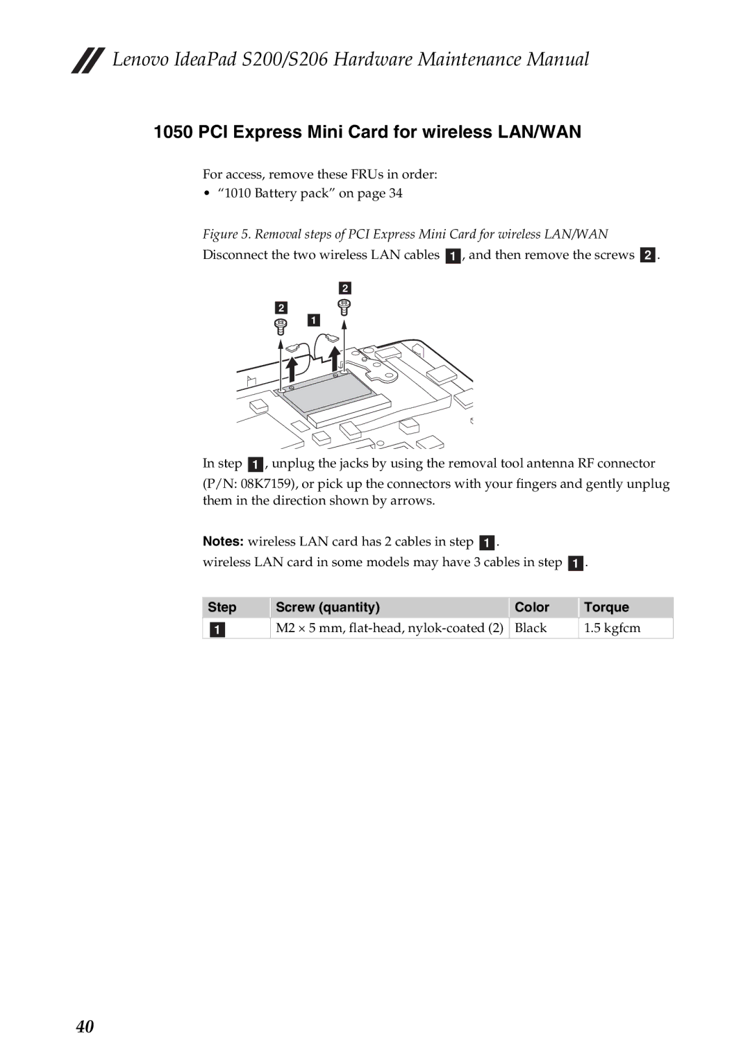 Lenovo S206, S200 manual PCI Express Mini Card for wireless LAN/WAN, Step Screw quantity Color Torque 