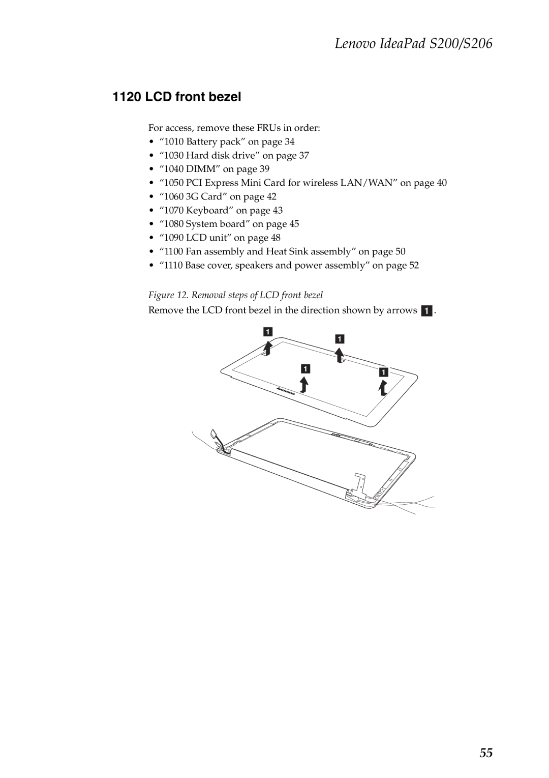 Lenovo S200, S206 manual Removal steps of LCD front bezel 