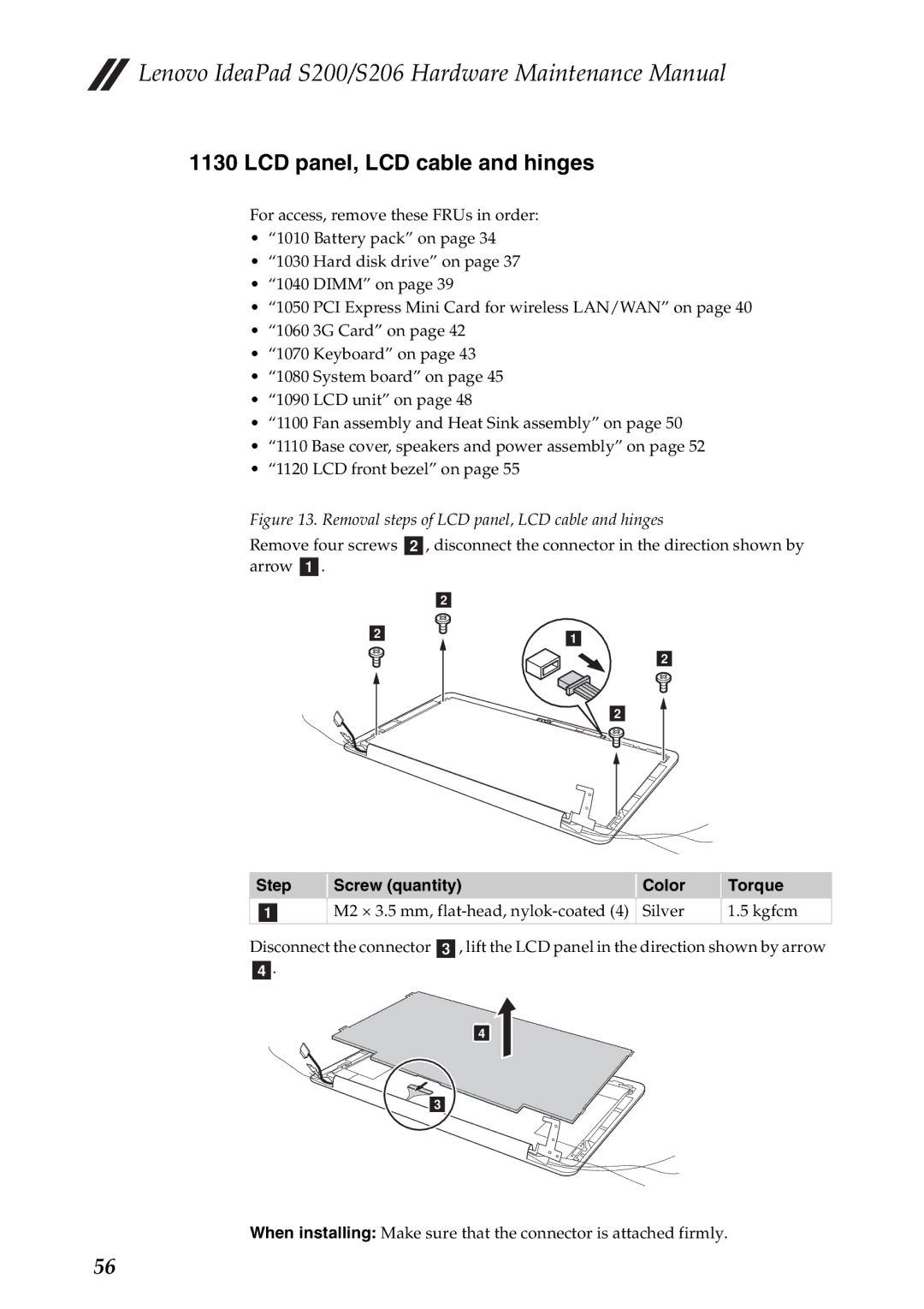 Lenovo S206, S200 manual Removal steps of LCD panel, LCD cable and hinges 