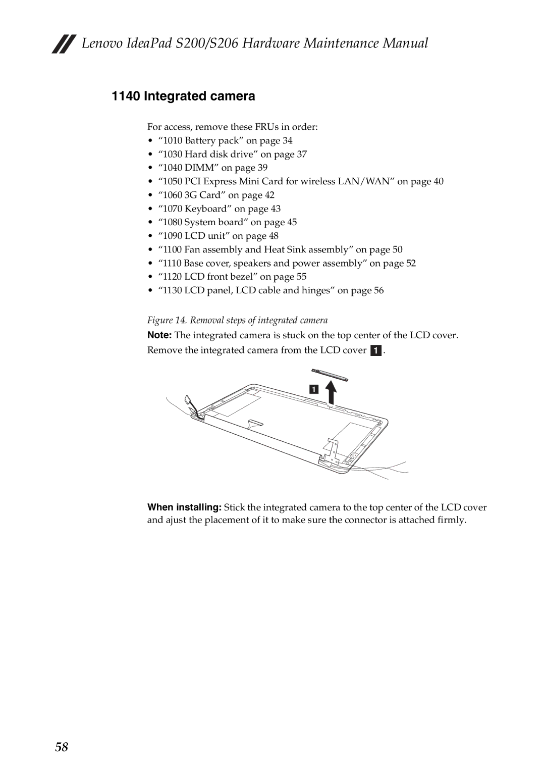 Lenovo S206, S200 manual Integrated camera, Removal steps of integrated camera 