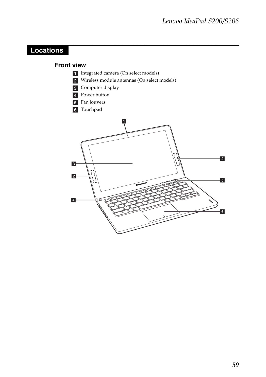 Lenovo S200, S206 manual Locations, Front view 