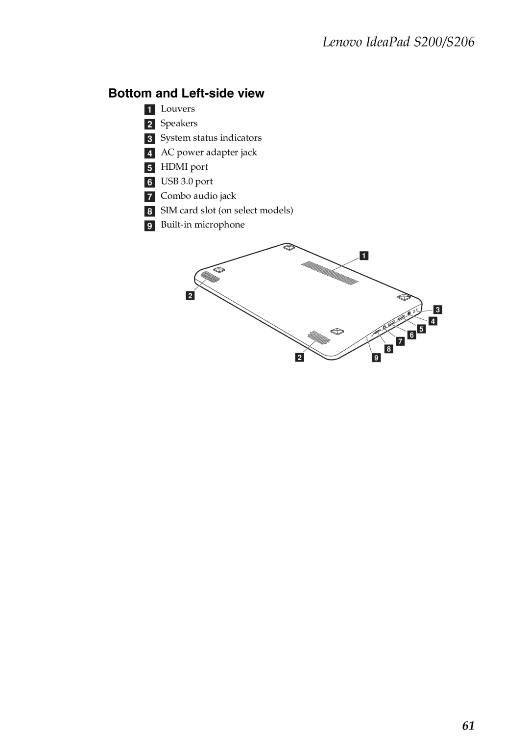 Lenovo S200, S206 manual Bottom and Left-side view 