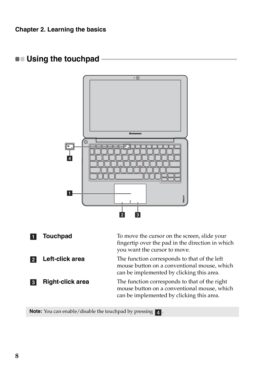 Lenovo S206, S200 manual Using the touchpad, Left-click area, Right-click area 