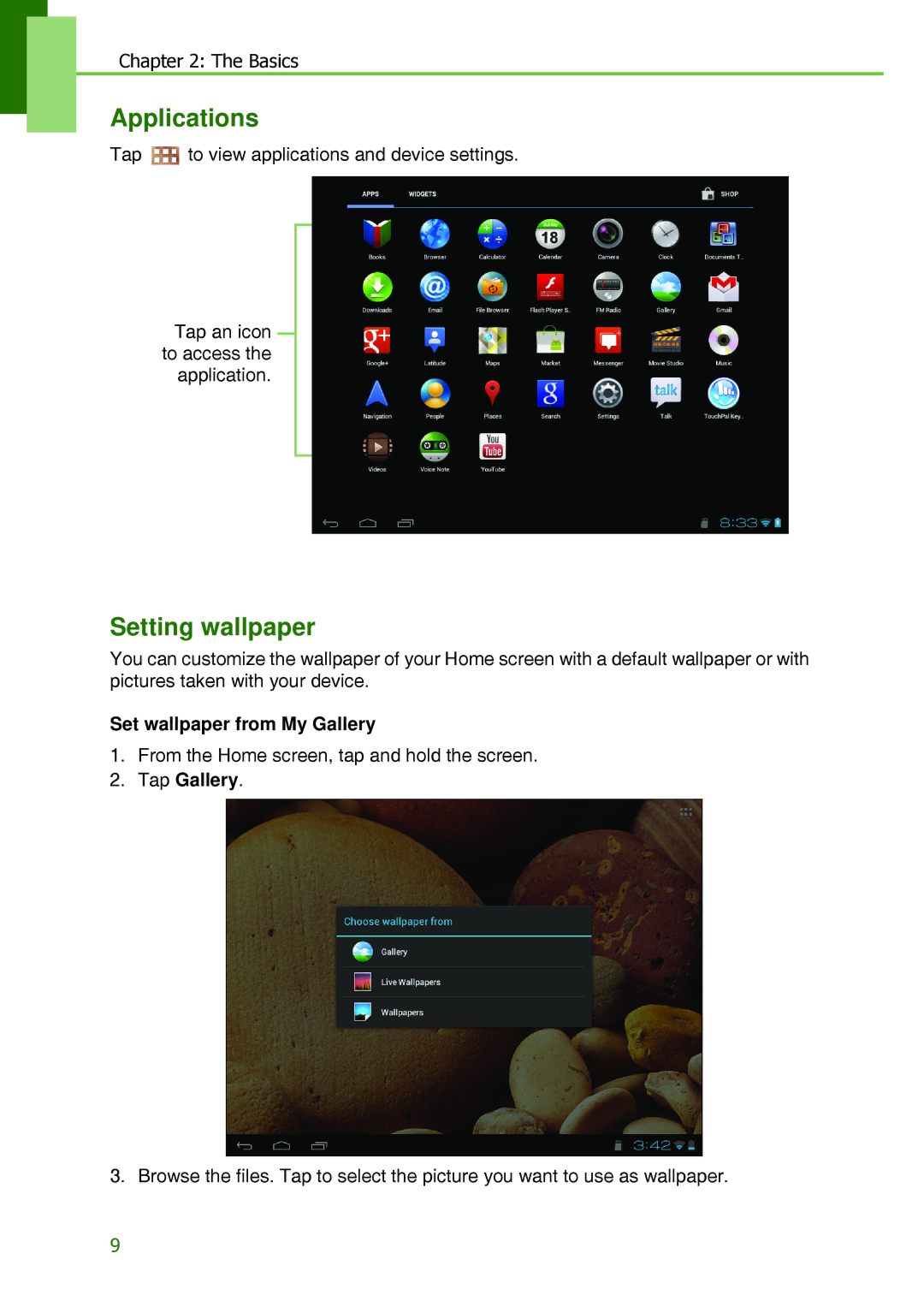 Lenovo S2109A-F manual Applications, Setting wallpaper, Set wallpaper from My Gallery, Tap Gallery 