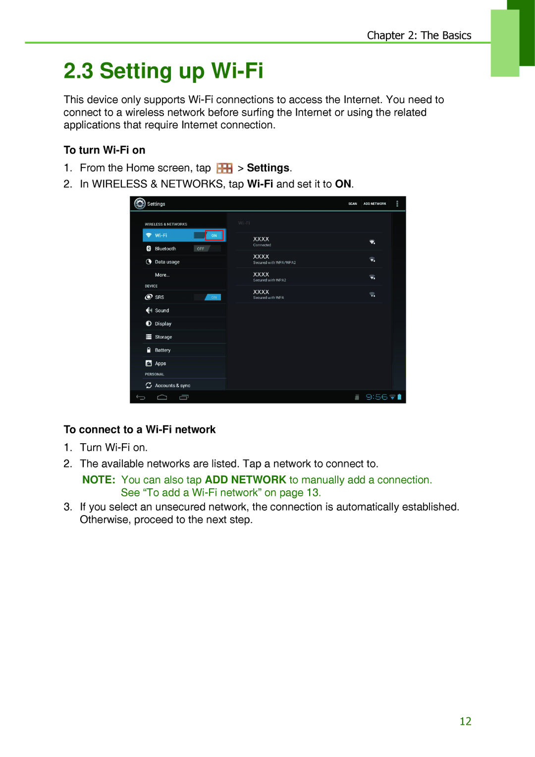 Lenovo S2109A-F manual Setting up Wi-Fi, To turn Wi-Fi on, To connect to a Wi-Fi network 