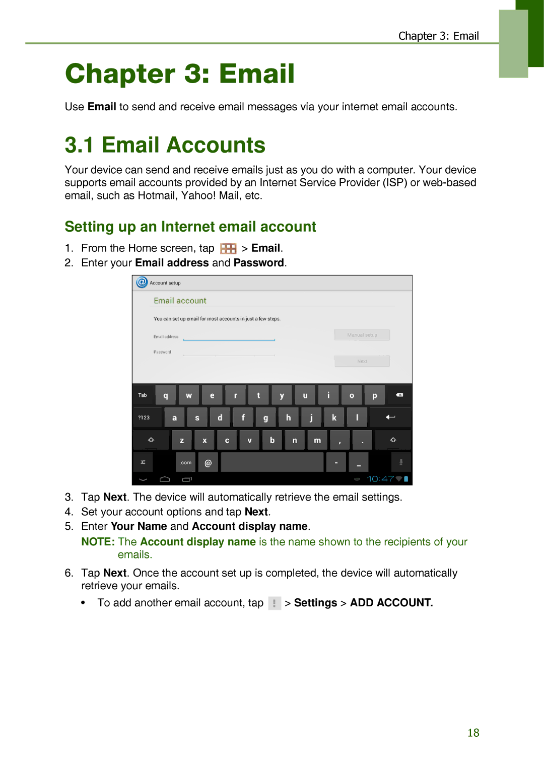 Lenovo S2109A-F manual Email Accounts, Setting up an Internet email account, Enter your Email address and Password 