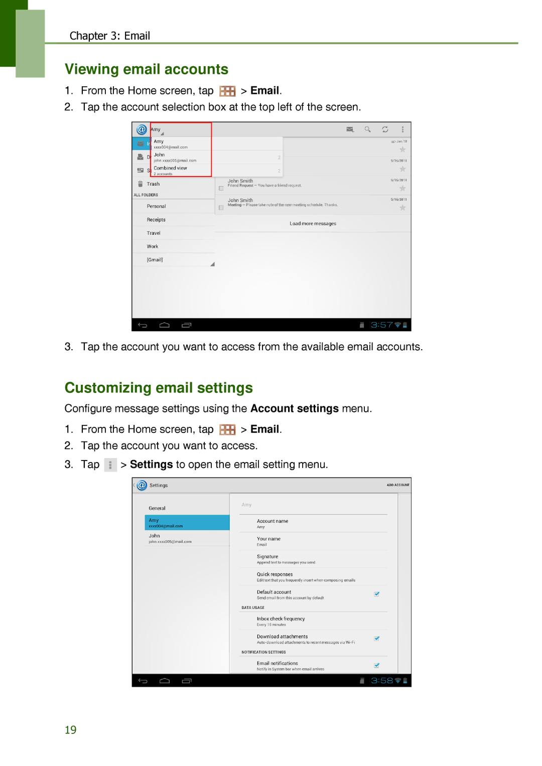 Lenovo S2109A-F manual Viewing email accounts, Customizing email settings 