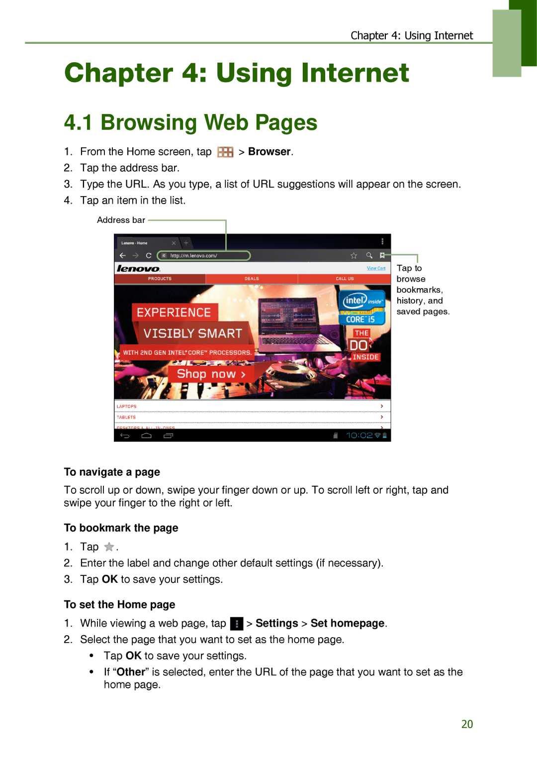 Lenovo S2109A-F manual Using Internet, Browsing Web Pages, To navigate a, To bookmark, To set the Home 